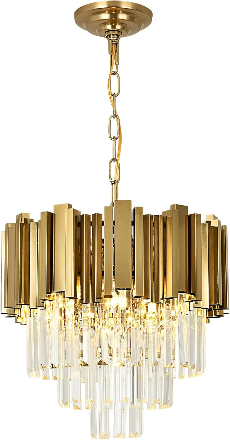 Small Brass Gold Crystal Chandelier – 4-Light Adjustable Round LED Pendant