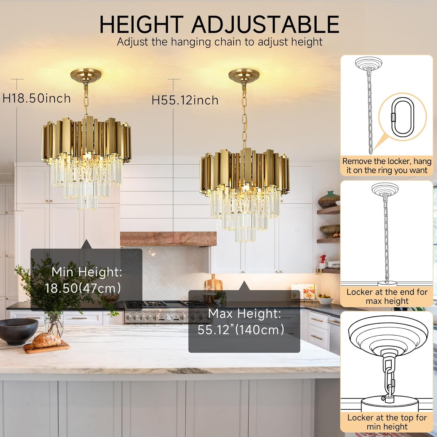 Small Brass Gold Crystal Chandelier – 4-Light Adjustable Round LED Pendant