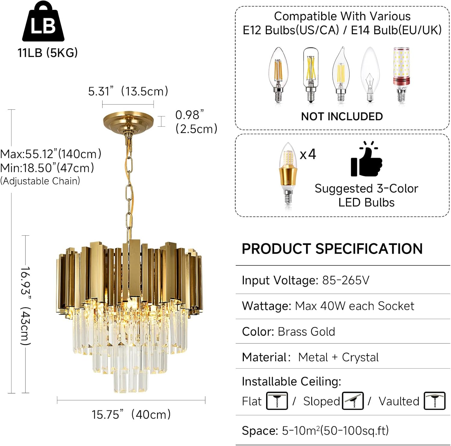 Small Brass Gold Crystal Chandelier – 4-Light Adjustable Round LED Pendant