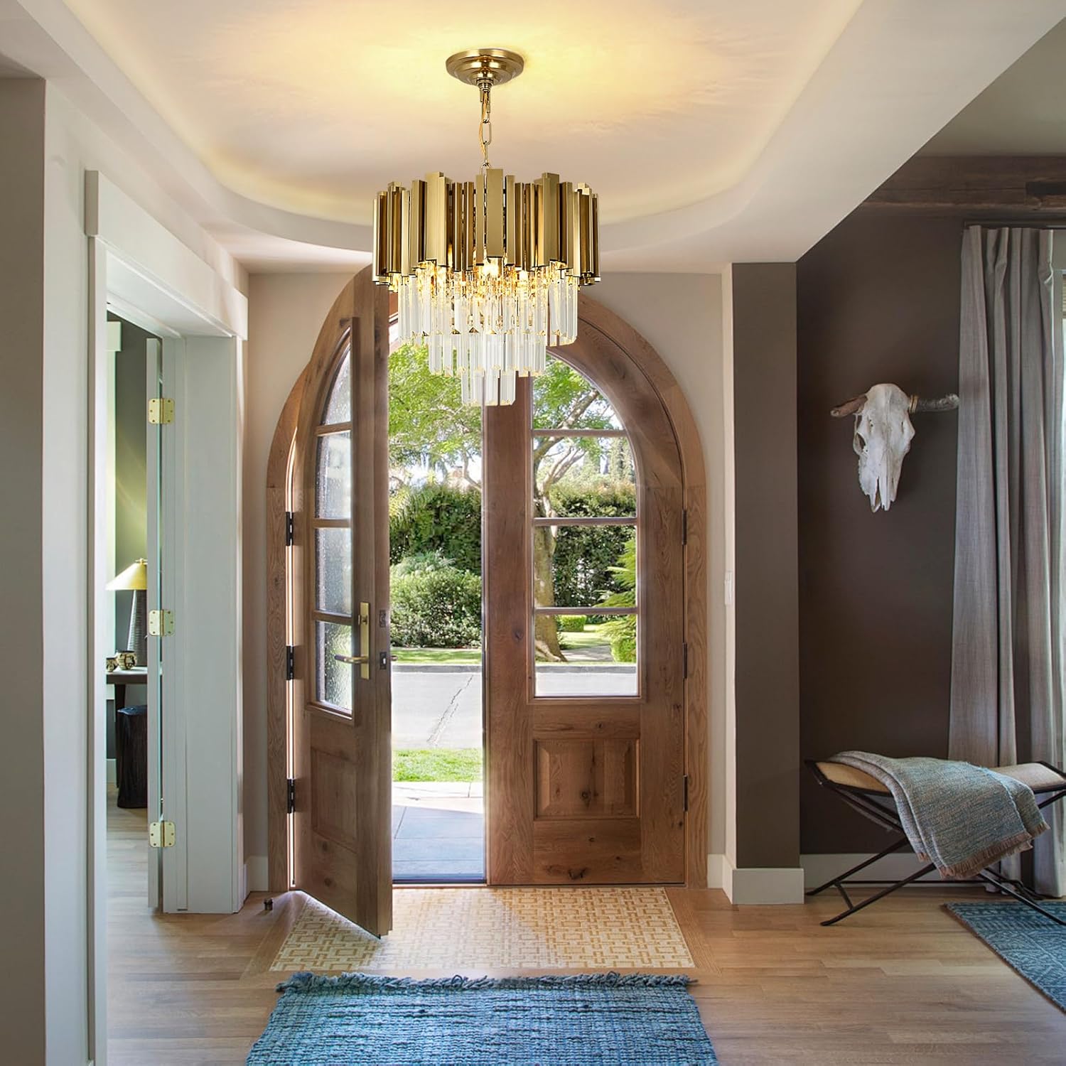 Small Brass Gold Crystal Chandelier – 4-Light Adjustable Round LED Pendant