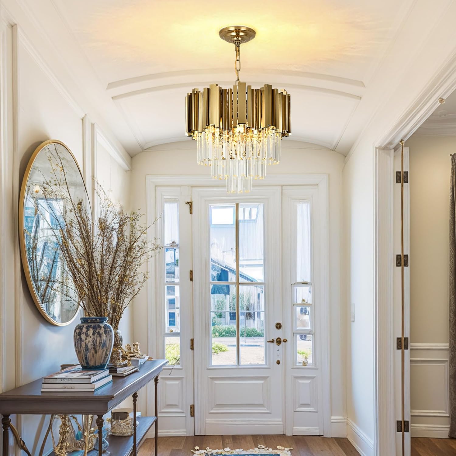 Small Brass Gold Crystal Chandelier – 4-Light Adjustable Round LED Pendant