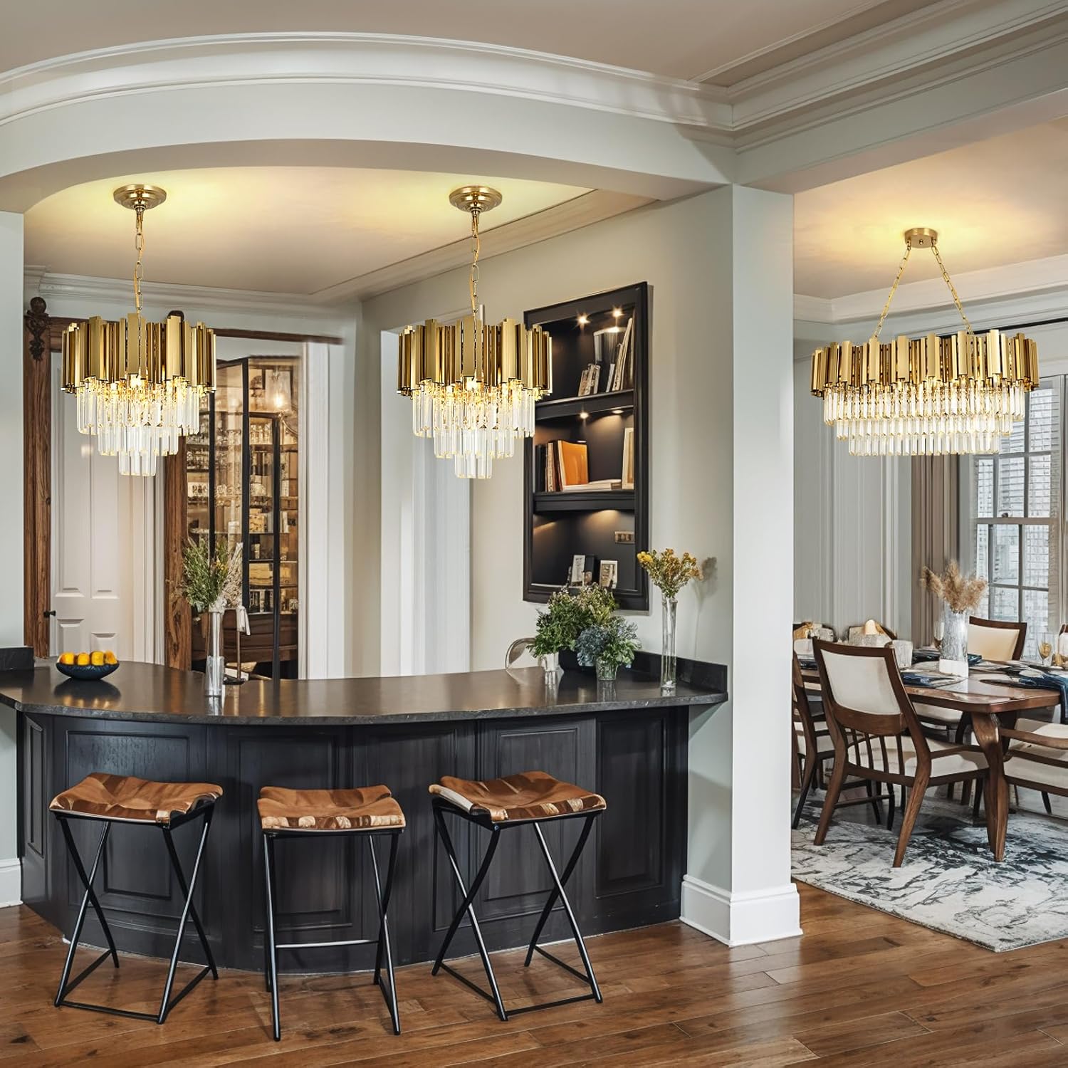 Small Brass Gold Crystal Chandelier – 4-Light Adjustable Round LED Pendant