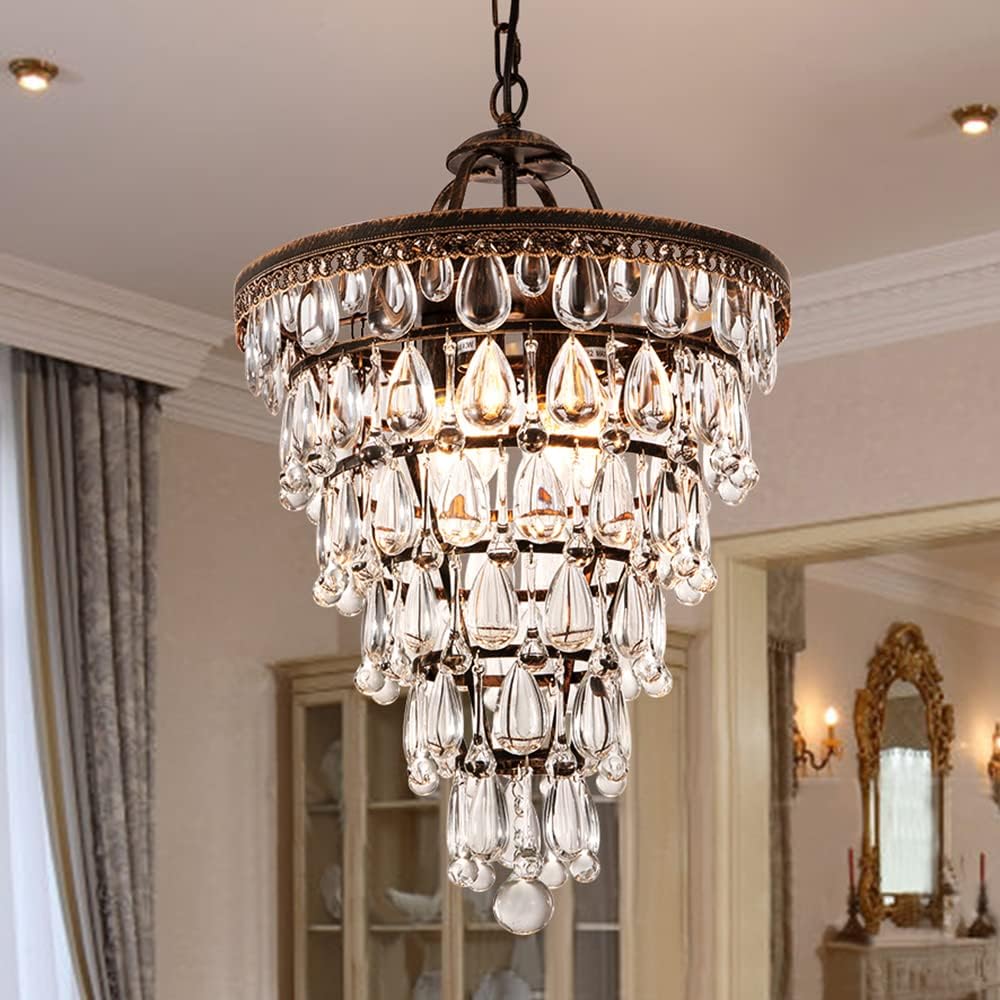 Vintage Tiered Crystal Chandelier – Small Round Pendant Light with Adjustable Chain for Dining Room, Entryway, or Bedroom