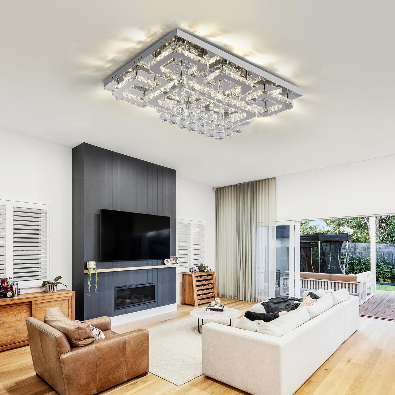 Modern Smart Dimmable LED Crystal Ceiling Light - Remote & App Control, Rectangular Design