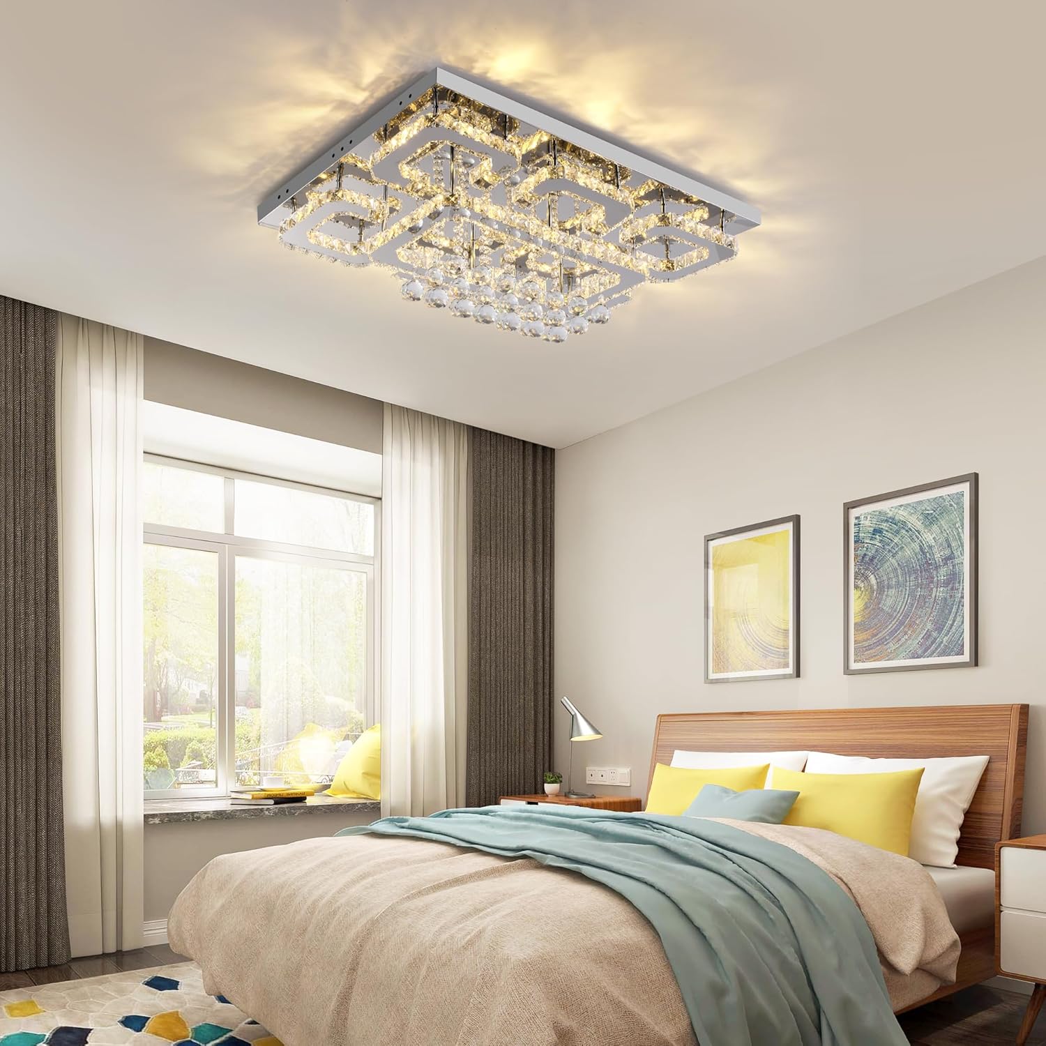 Modern Smart Dimmable LED Crystal Ceiling Light - Remote & App Control, Rectangular Design