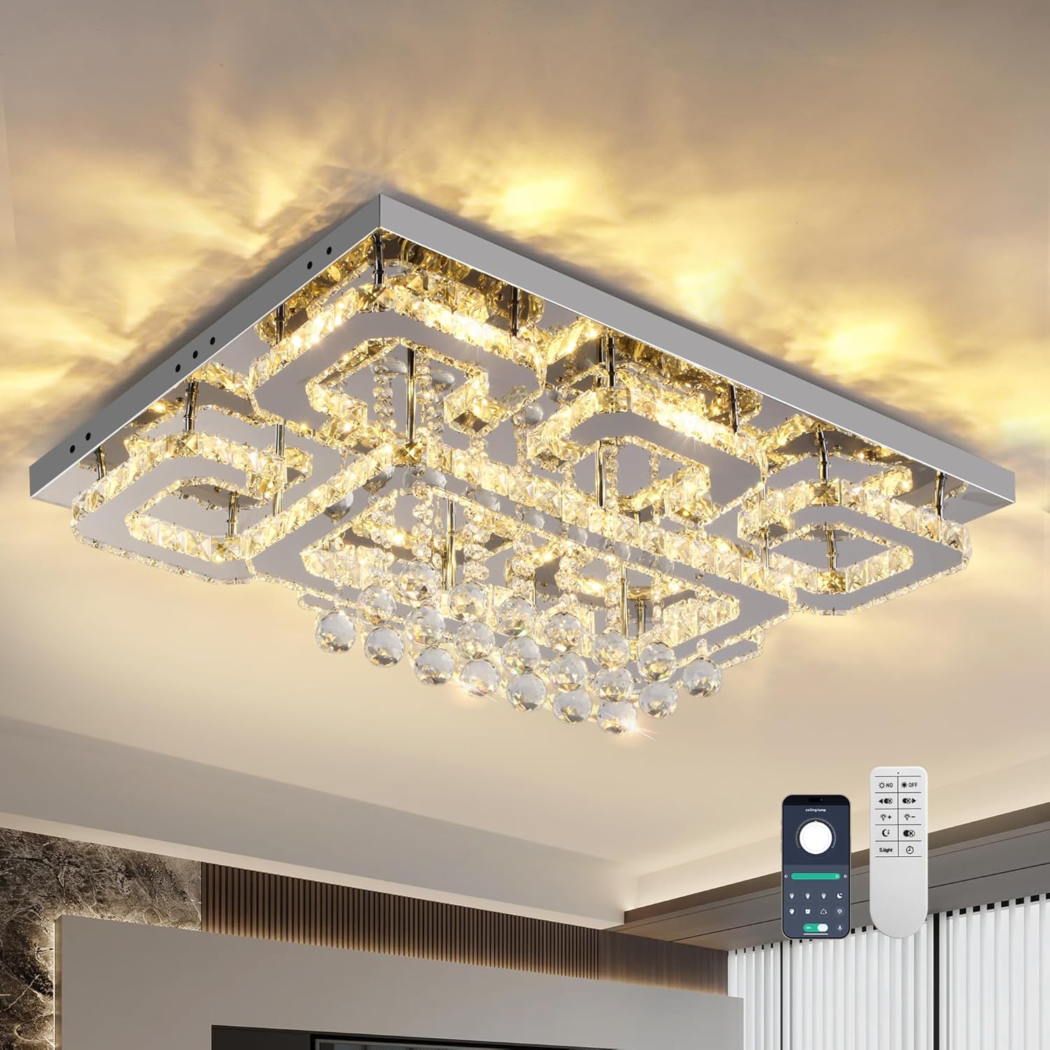 Modern Smart Dimmable LED Crystal Ceiling Light - Remote & App Control, Rectangular Design