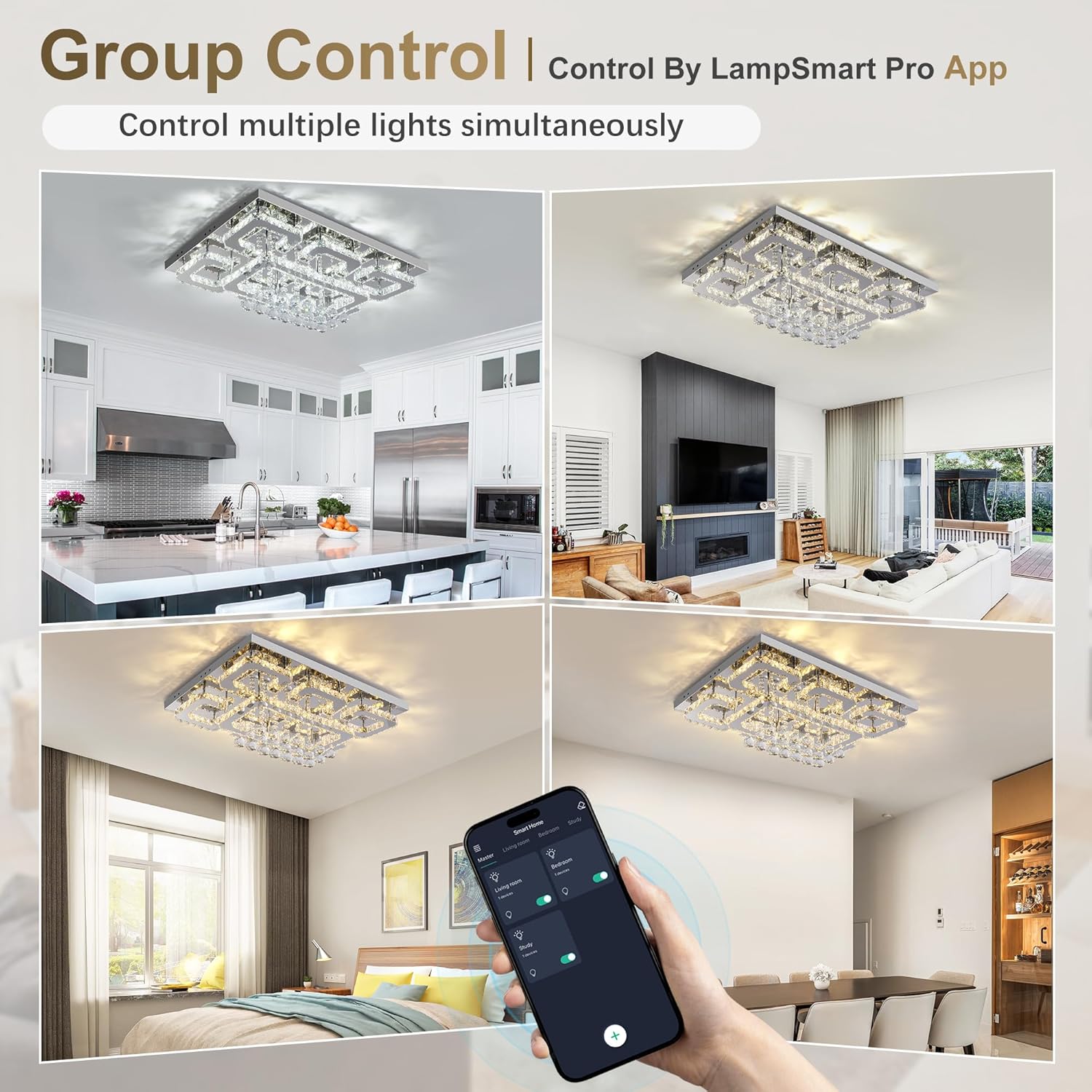 Modern Smart Dimmable LED Crystal Ceiling Light - Remote & App Control, Rectangular Design