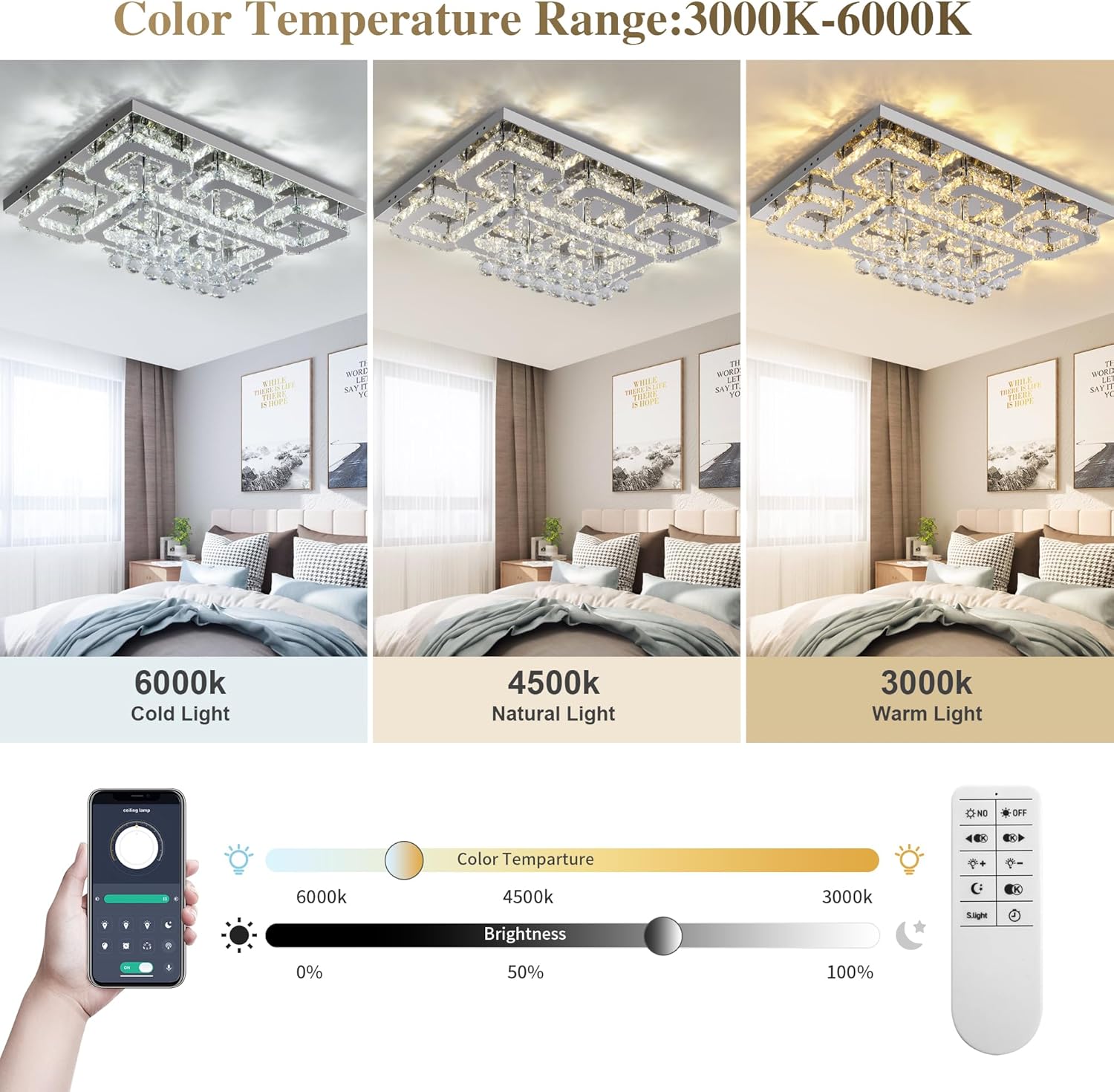 Modern Smart Dimmable LED Crystal Ceiling Light - Remote & App Control, Rectangular Design