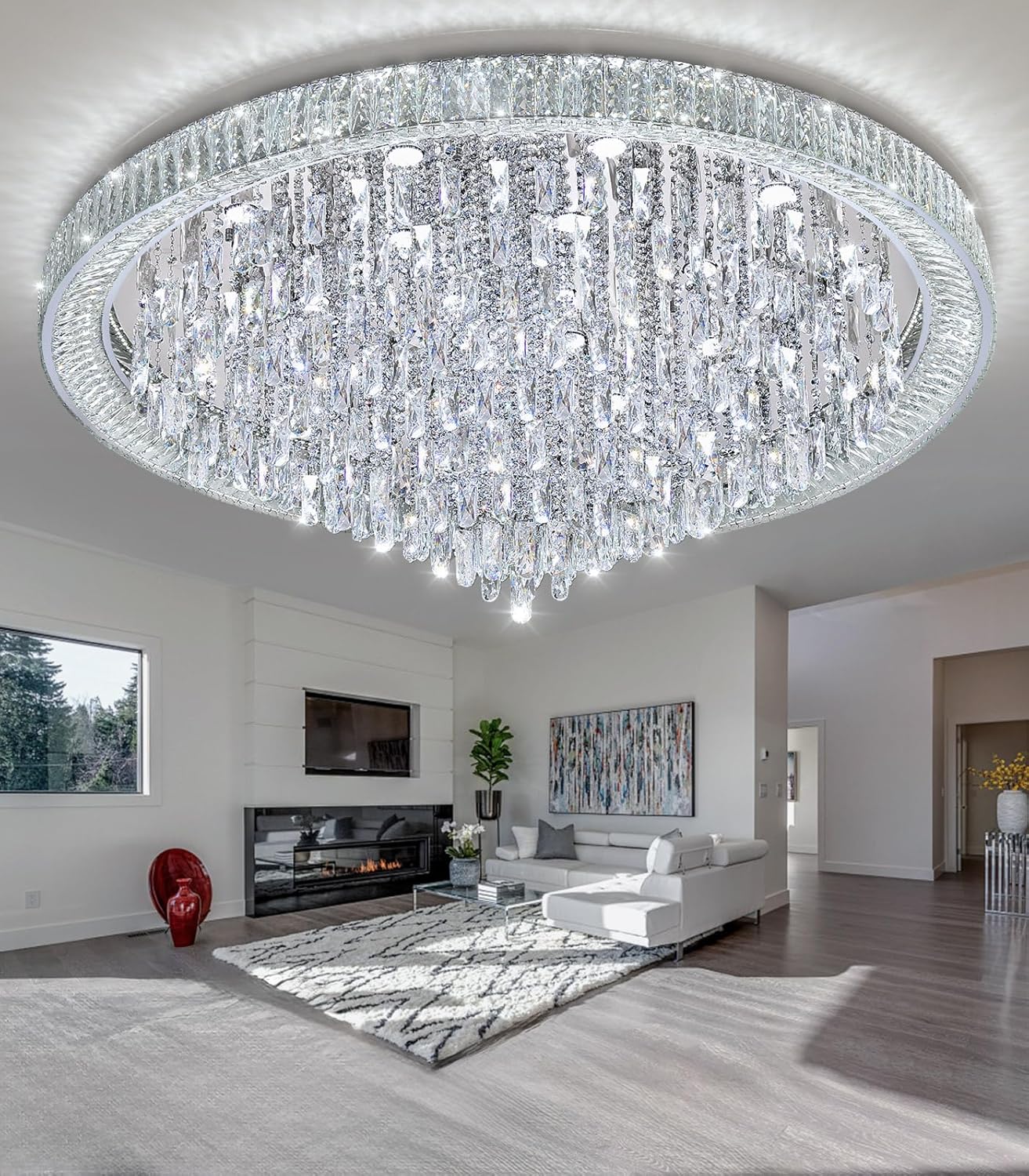 Modern Luxury Extra Large Flush Mount Crystal Ceiling Light – 53.7'' Dimmable LED Round Chandelier