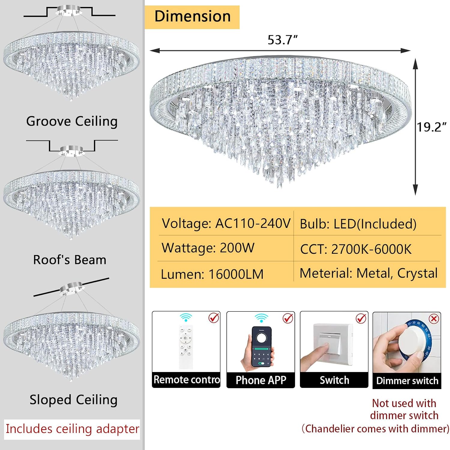 Modern Luxury Extra Large Flush Mount Crystal Ceiling Light – 53.7'' Dimmable LED Round Chandelier