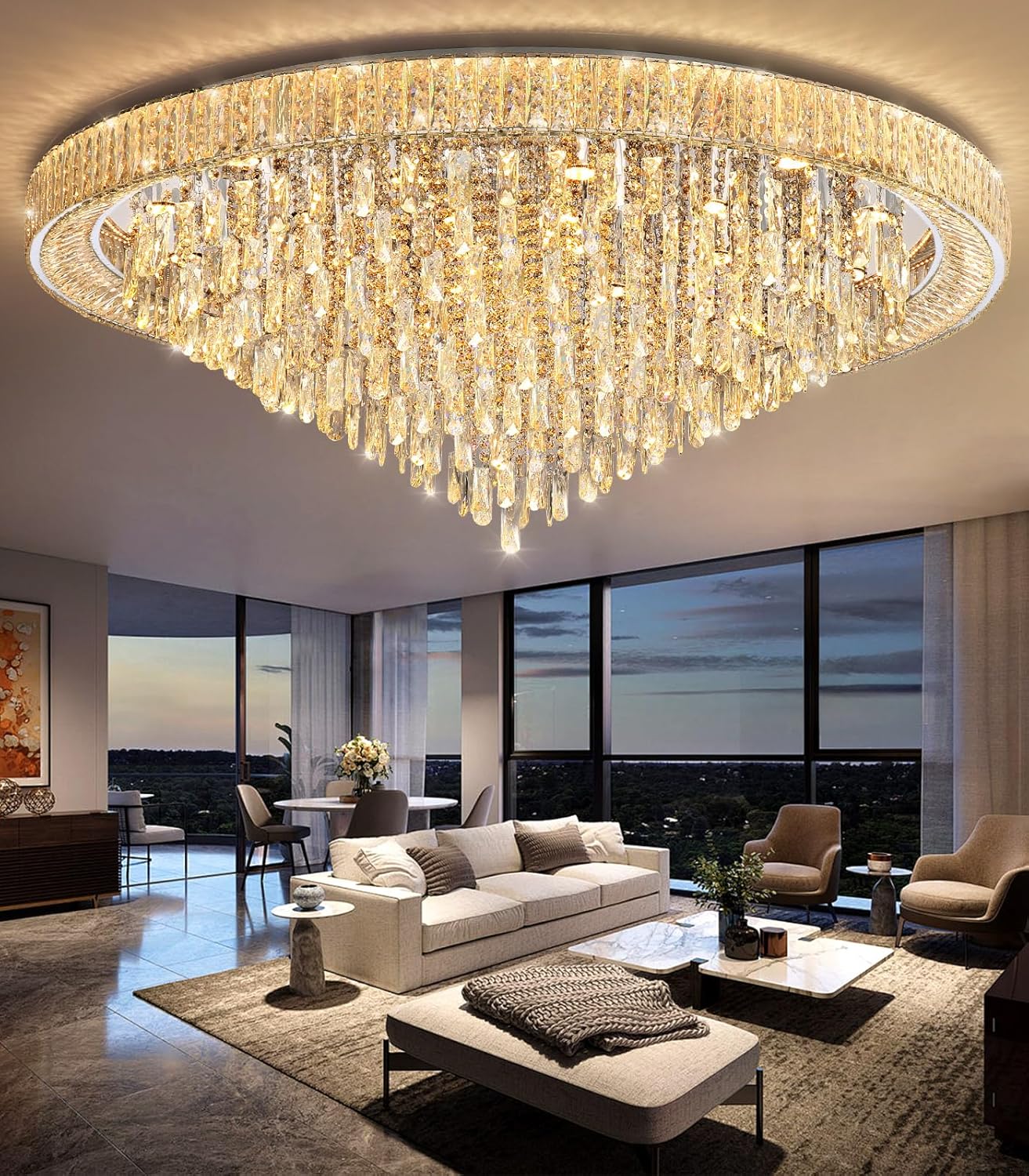 Modern Luxury Extra Large Flush Mount Crystal Ceiling Light – 53.7'' Dimmable LED Round Chandelier