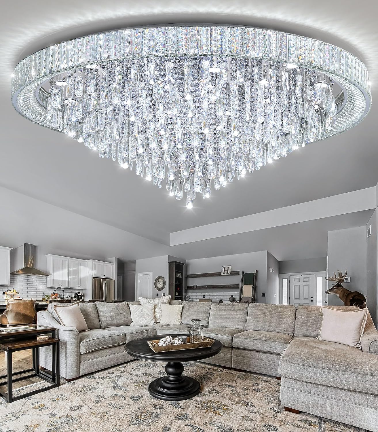 Modern Luxury Extra Large Flush Mount Crystal Ceiling Light – 53.7'' Dimmable LED Round Chandelier