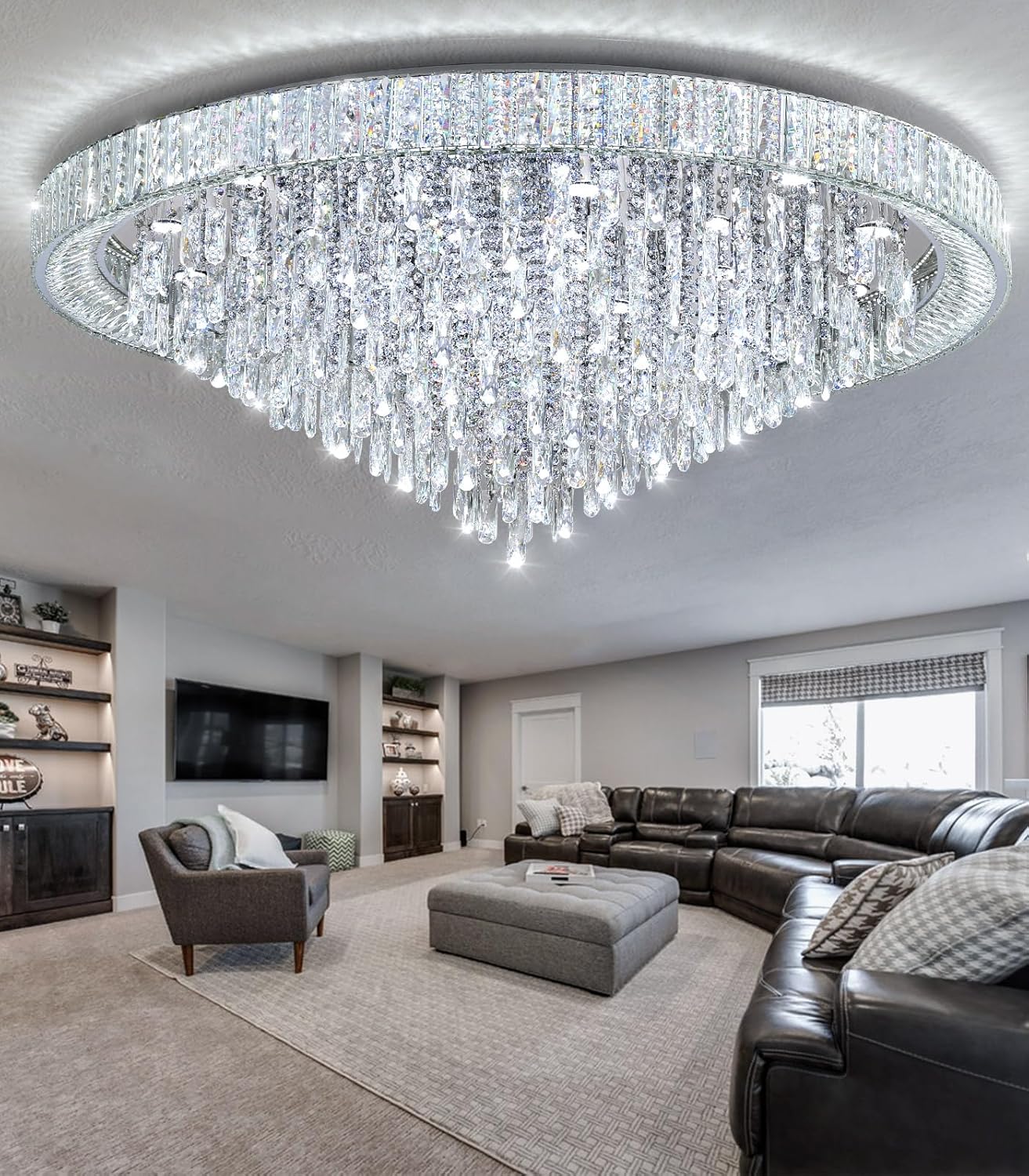 Modern Luxury Extra Large Flush Mount Crystal Ceiling Light – 53.7'' Dimmable LED Round Chandelier