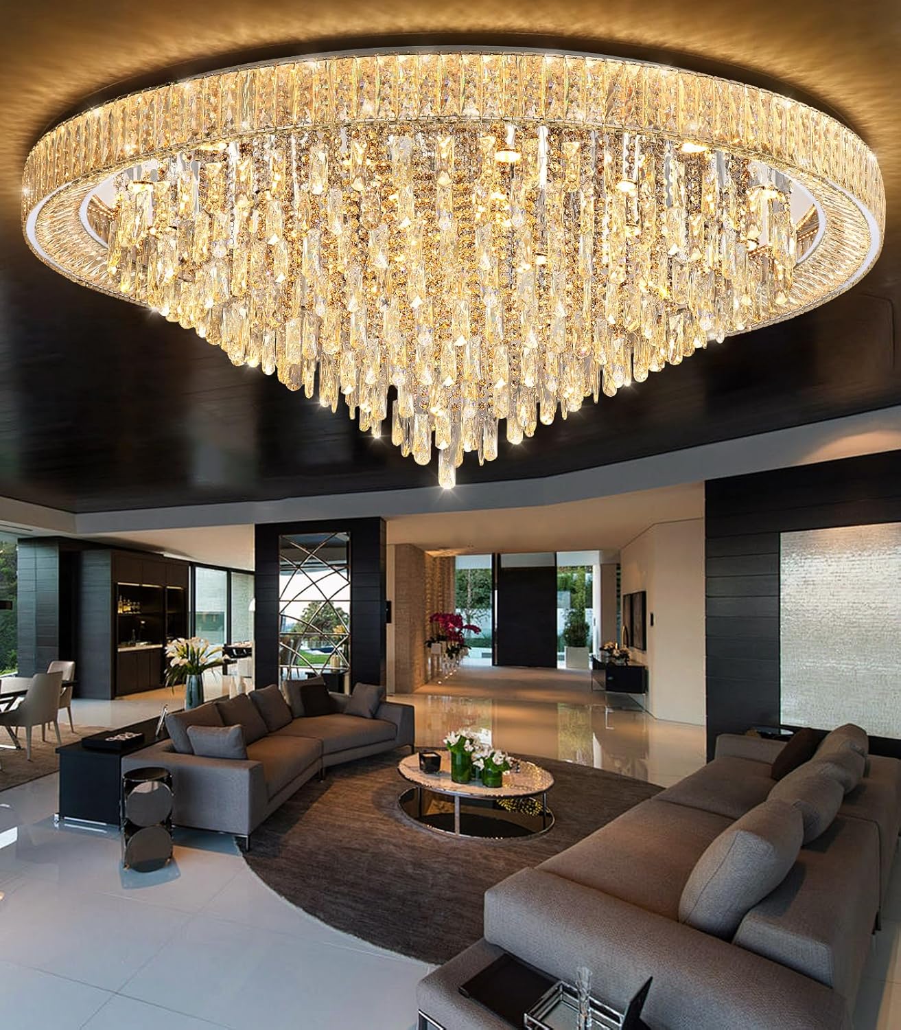 Modern Luxury Extra Large Flush Mount Crystal Ceiling Light – 53.7'' Dimmable LED Round Chandelier