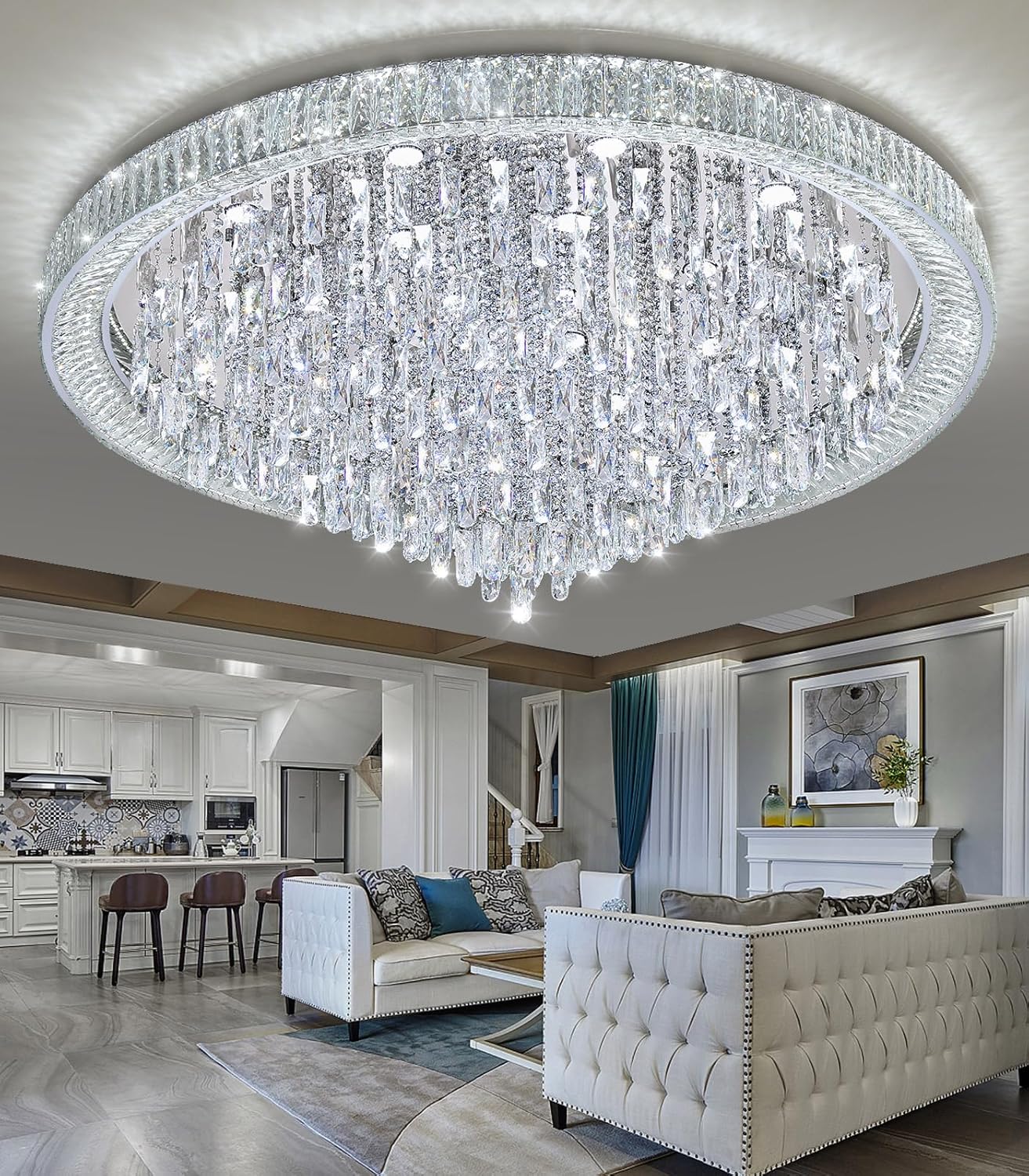 Modern Luxury Extra Large Flush Mount Crystal Ceiling Light – 53.7'' Dimmable LED Round Chandelier