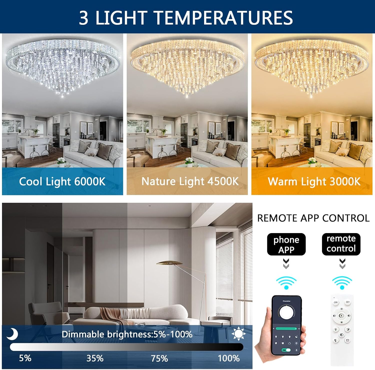 Modern Luxury Extra Large Flush Mount Crystal Ceiling Light – 53.7'' Dimmable LED Round Chandelier