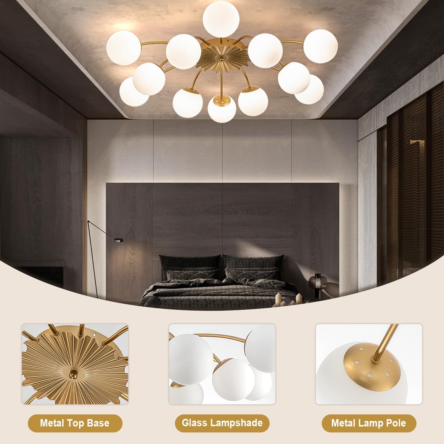 12-Light Sputnik Milk Glass Pendant Light – Modern Gold Ceiling Chandelier