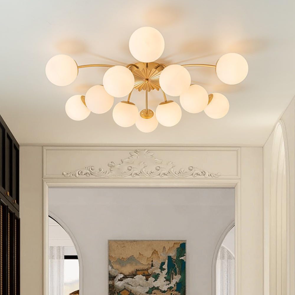 12-Light Sputnik Milk Glass Pendant Light – Modern Gold Ceiling Chandelier