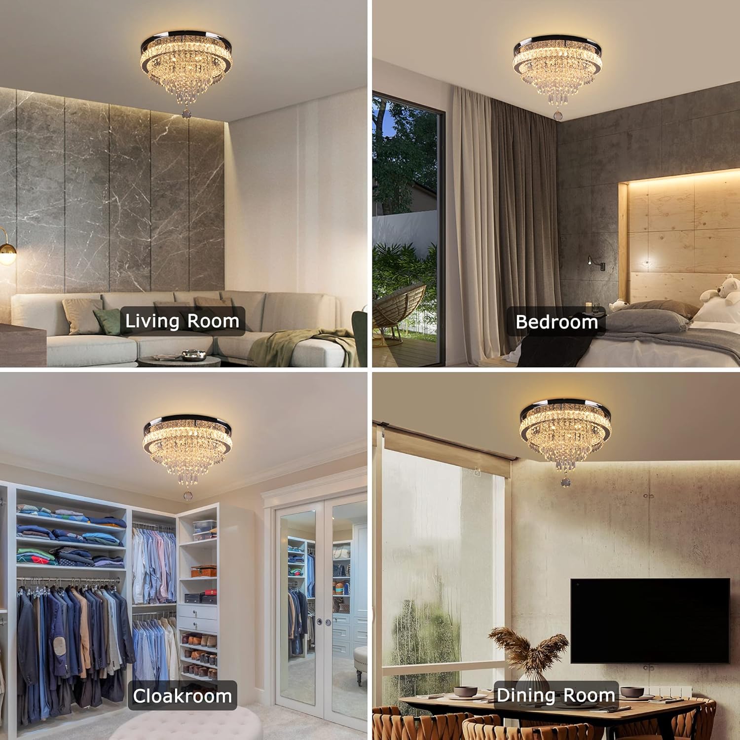 Modern Round Crystal Flush Mount Ceiling Light – 19.7'' Stepless Dimmable LED Chandelier