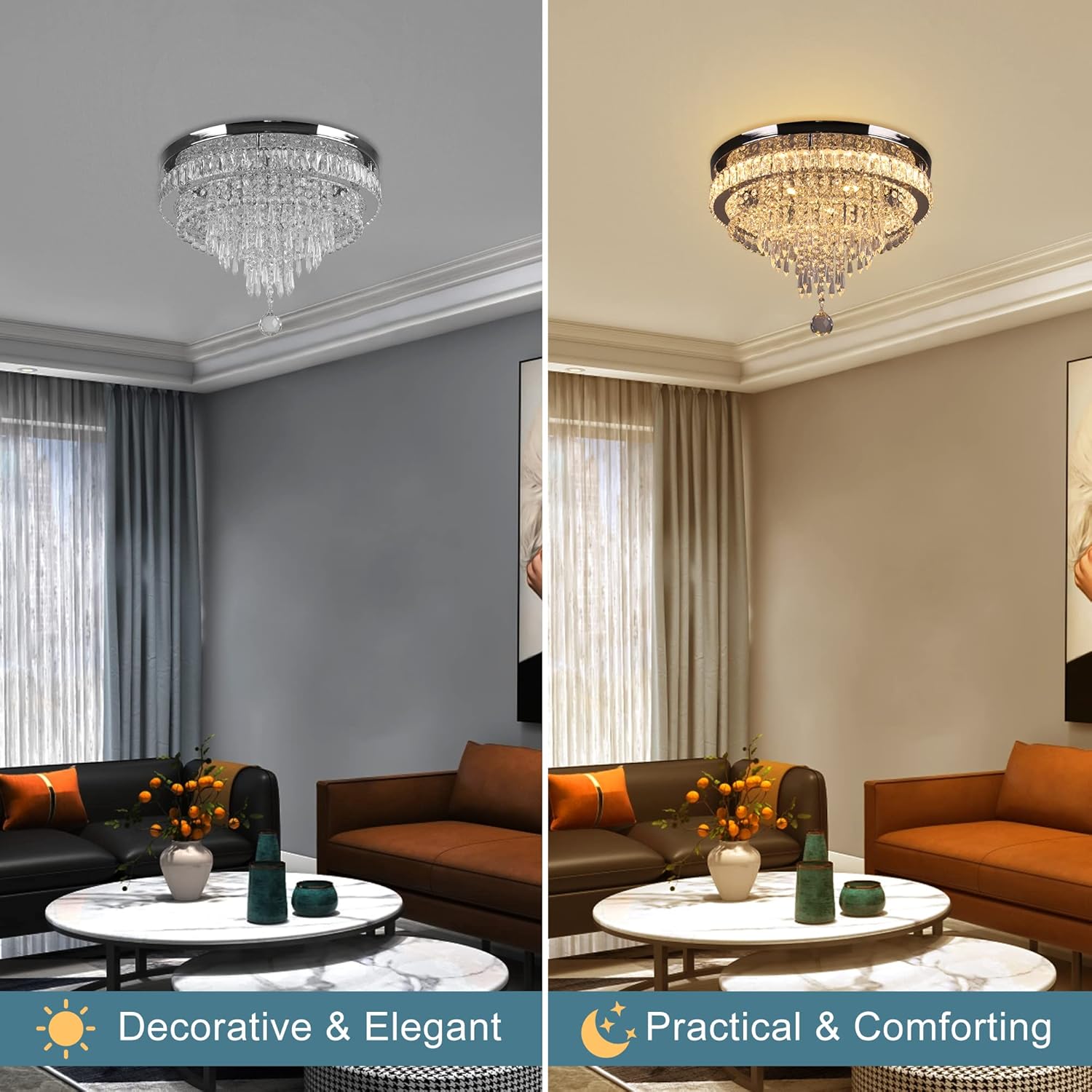 Modern Round Crystal Flush Mount Ceiling Light – 19.7'' Stepless Dimmable LED Chandelier