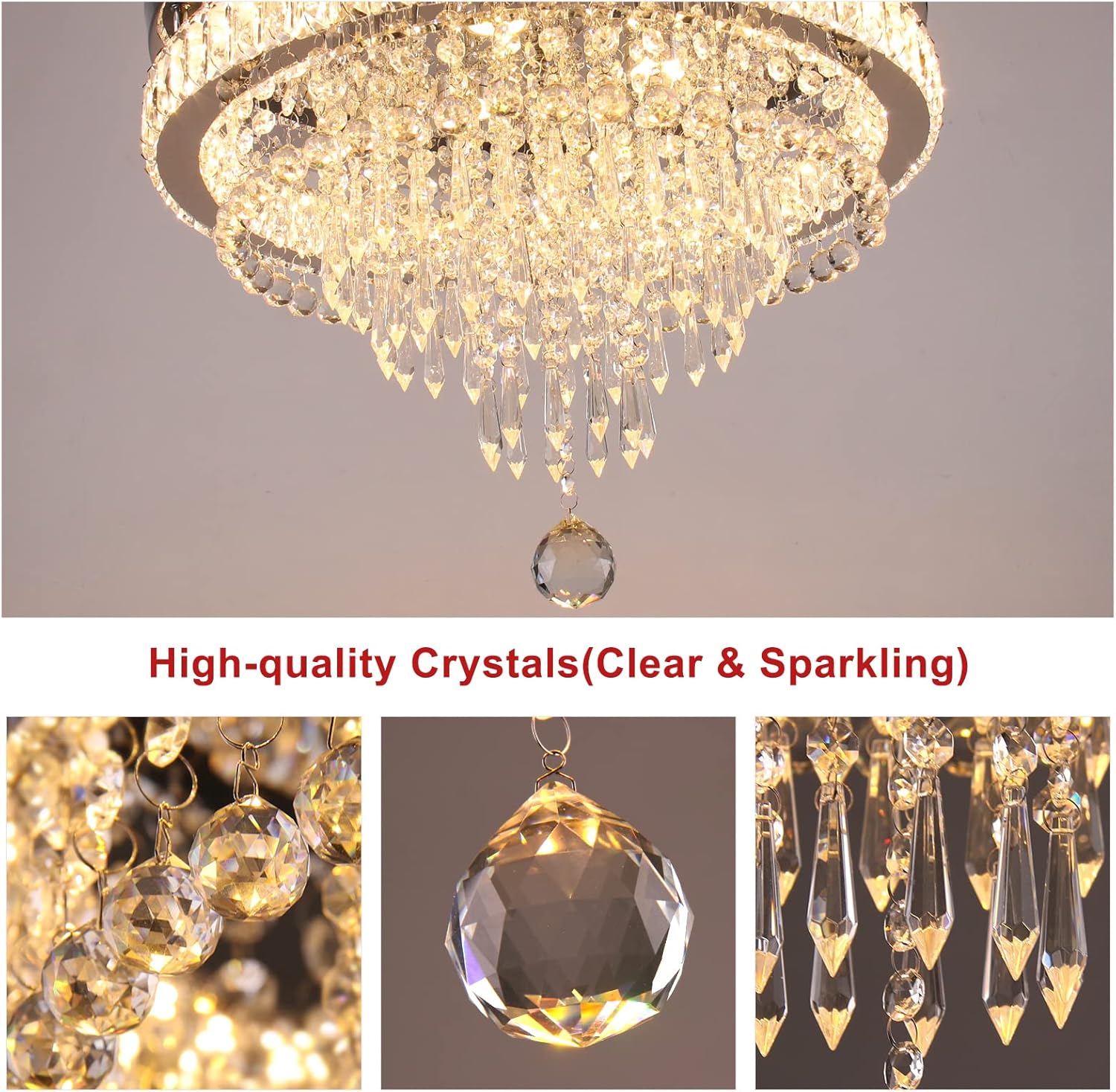 Modern Round Crystal Flush Mount Ceiling Light – 19.7'' Stepless Dimmable LED Chandelier
