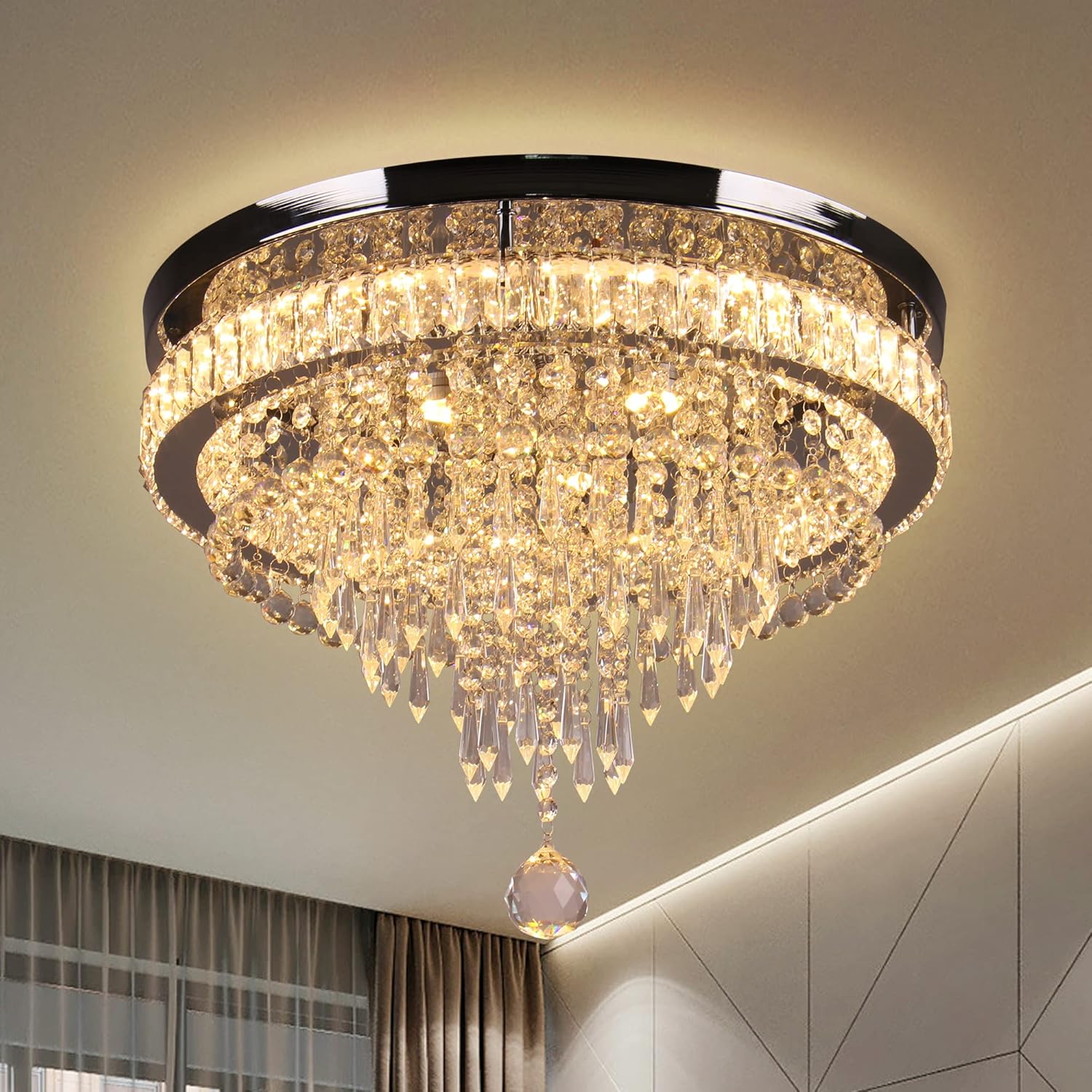 Modern Round Crystal Flush Mount Ceiling Light – 19.7'' Stepless Dimmable LED Chandelier