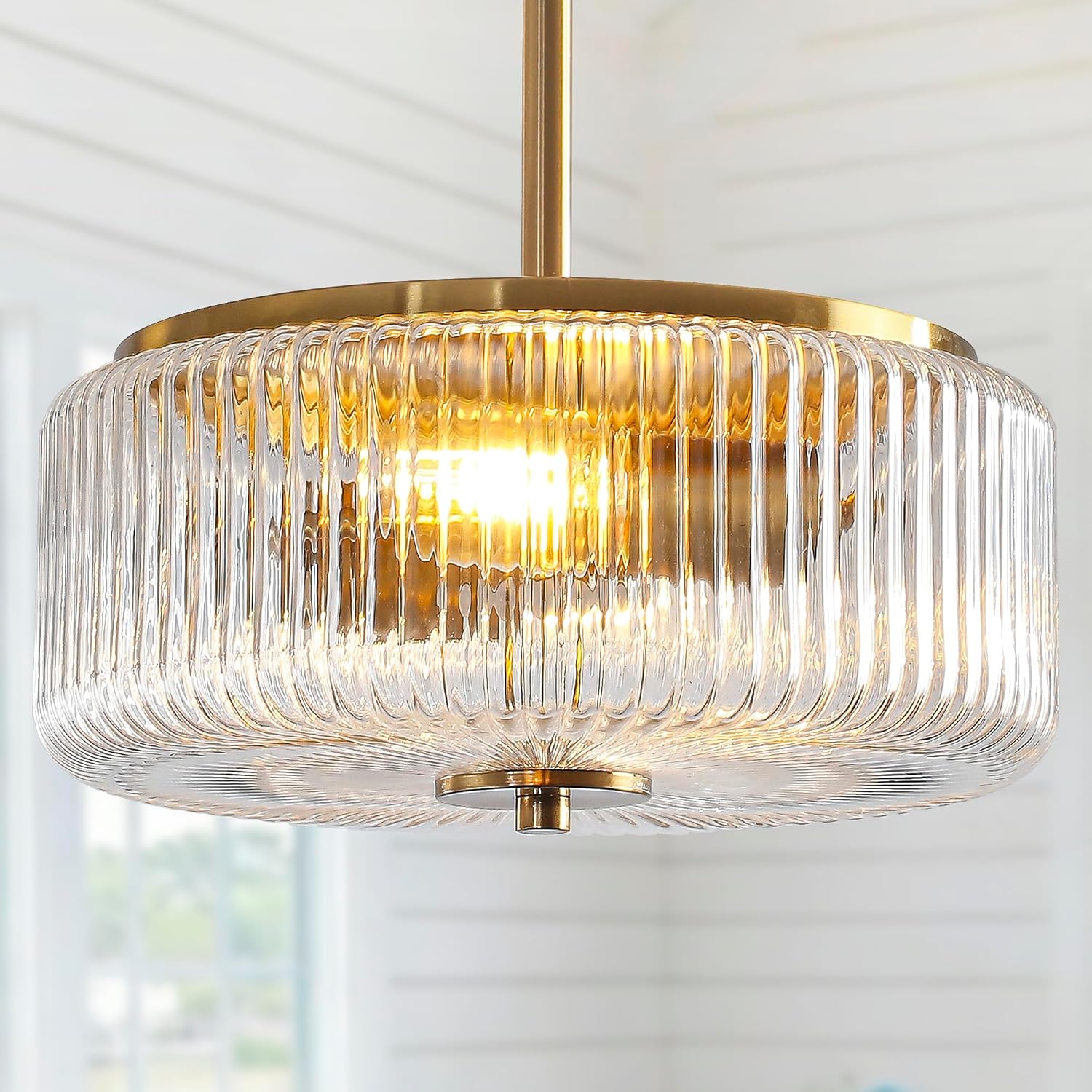 Modern Gold Crystal Pendant Light with Striped Glass Shade – Adjustable Height Ceiling Fixture with E26 Base