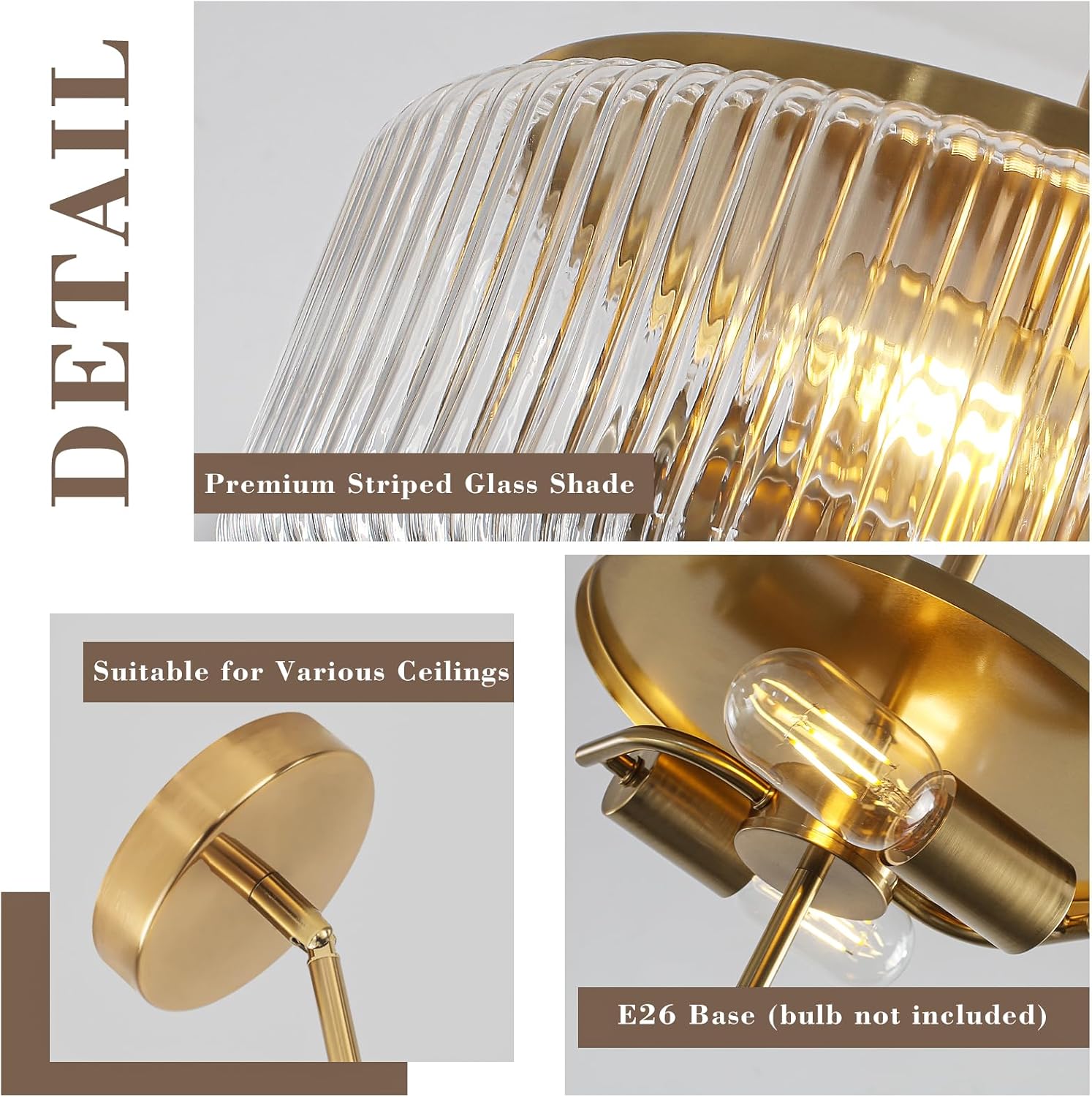 Modern Gold Crystal Pendant Light with Striped Glass Shade – Adjustable Height Ceiling Fixture with E26 Base