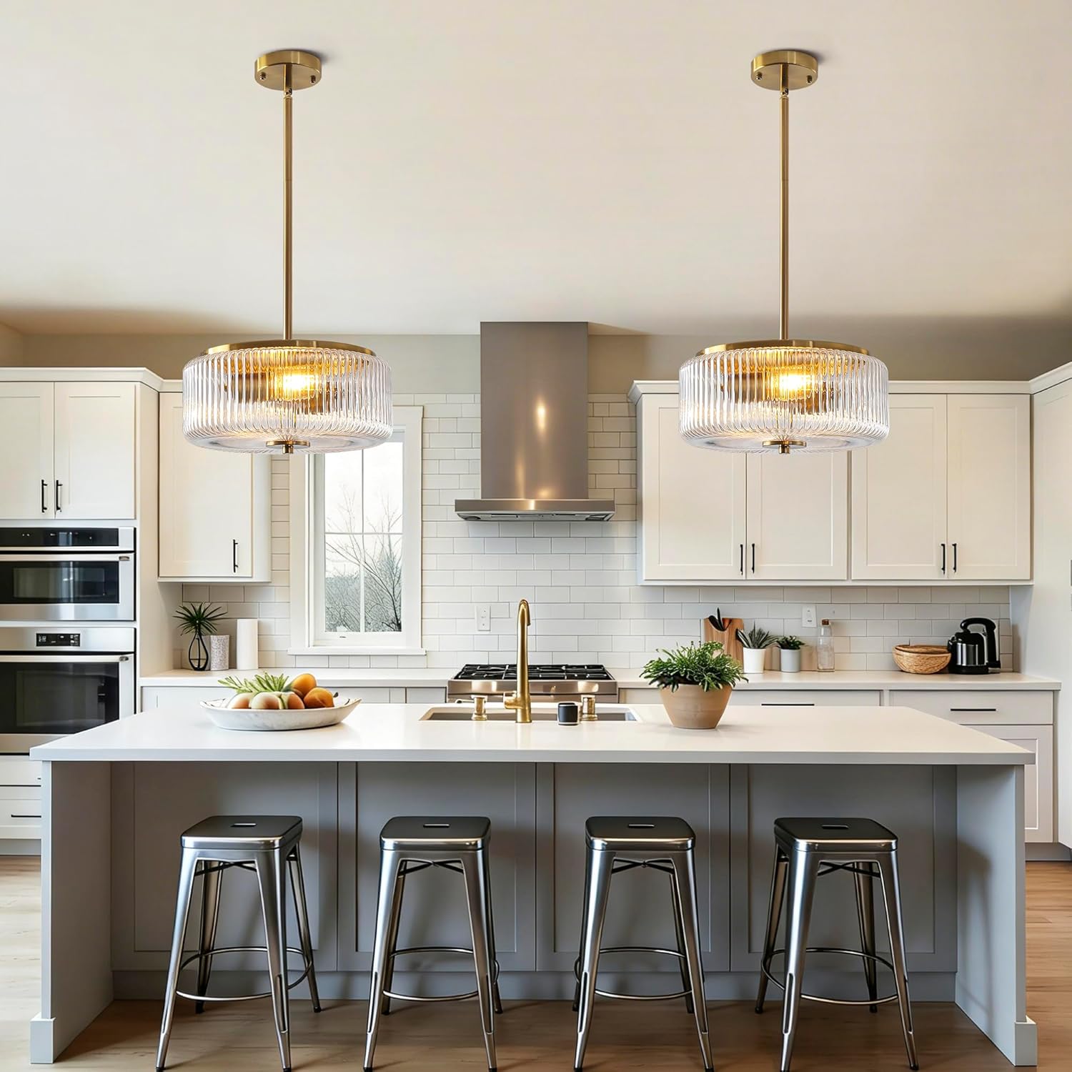 Modern Gold Crystal Pendant Light with Striped Glass Shade – Adjustable Height Ceiling Fixture with E26 Base