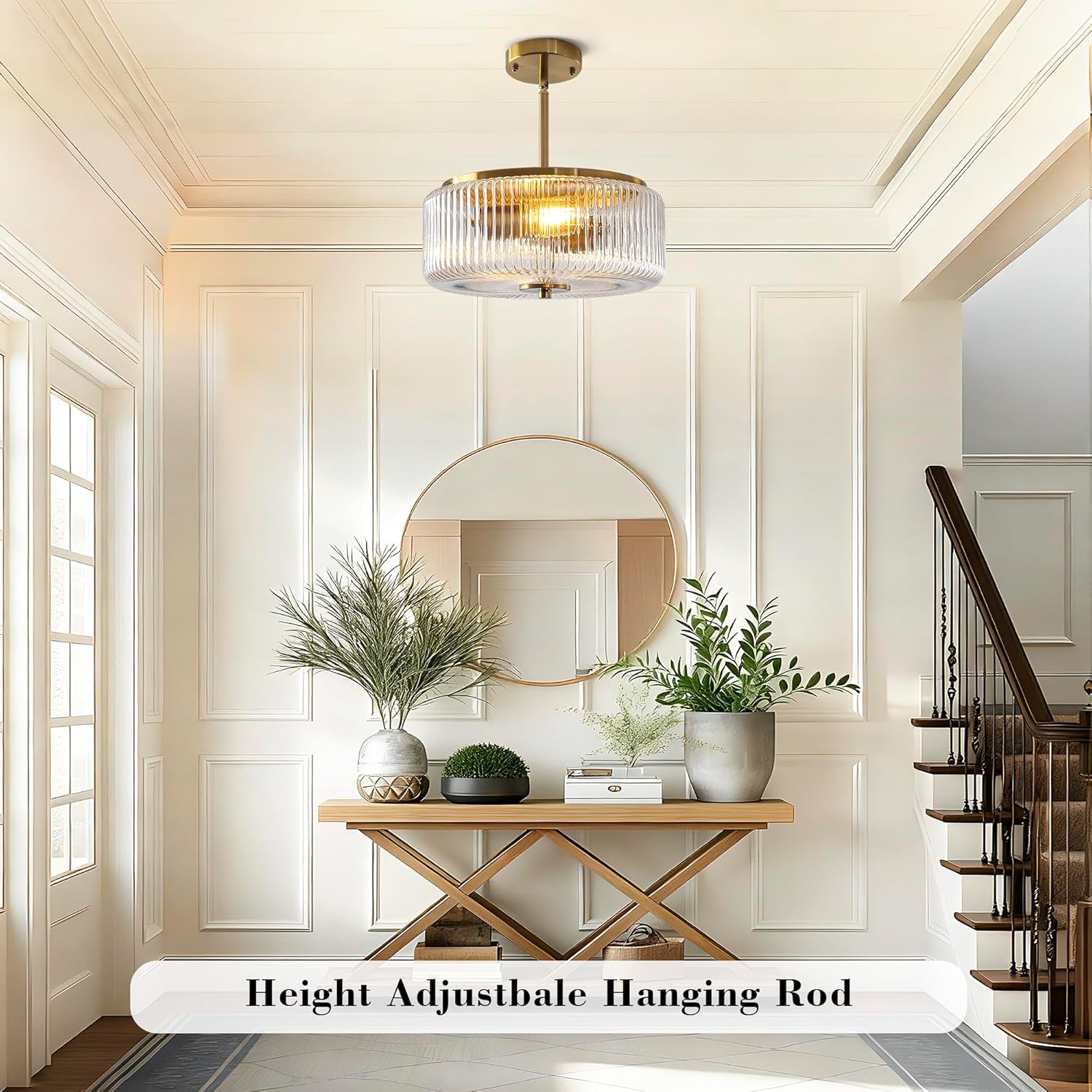 Modern Gold Crystal Pendant Light with Striped Glass Shade – Adjustable Height Ceiling Fixture with E26 Base