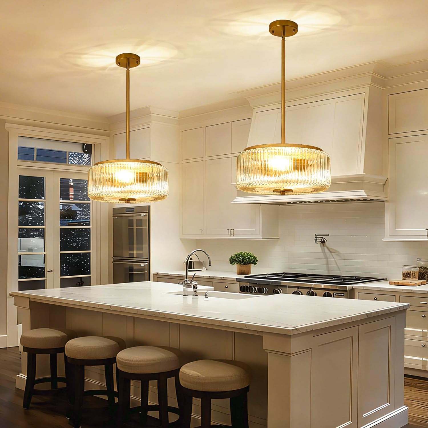 Modern Gold Crystal Pendant Light with Striped Glass Shade – Adjustable Height Ceiling Fixture with E26 Base