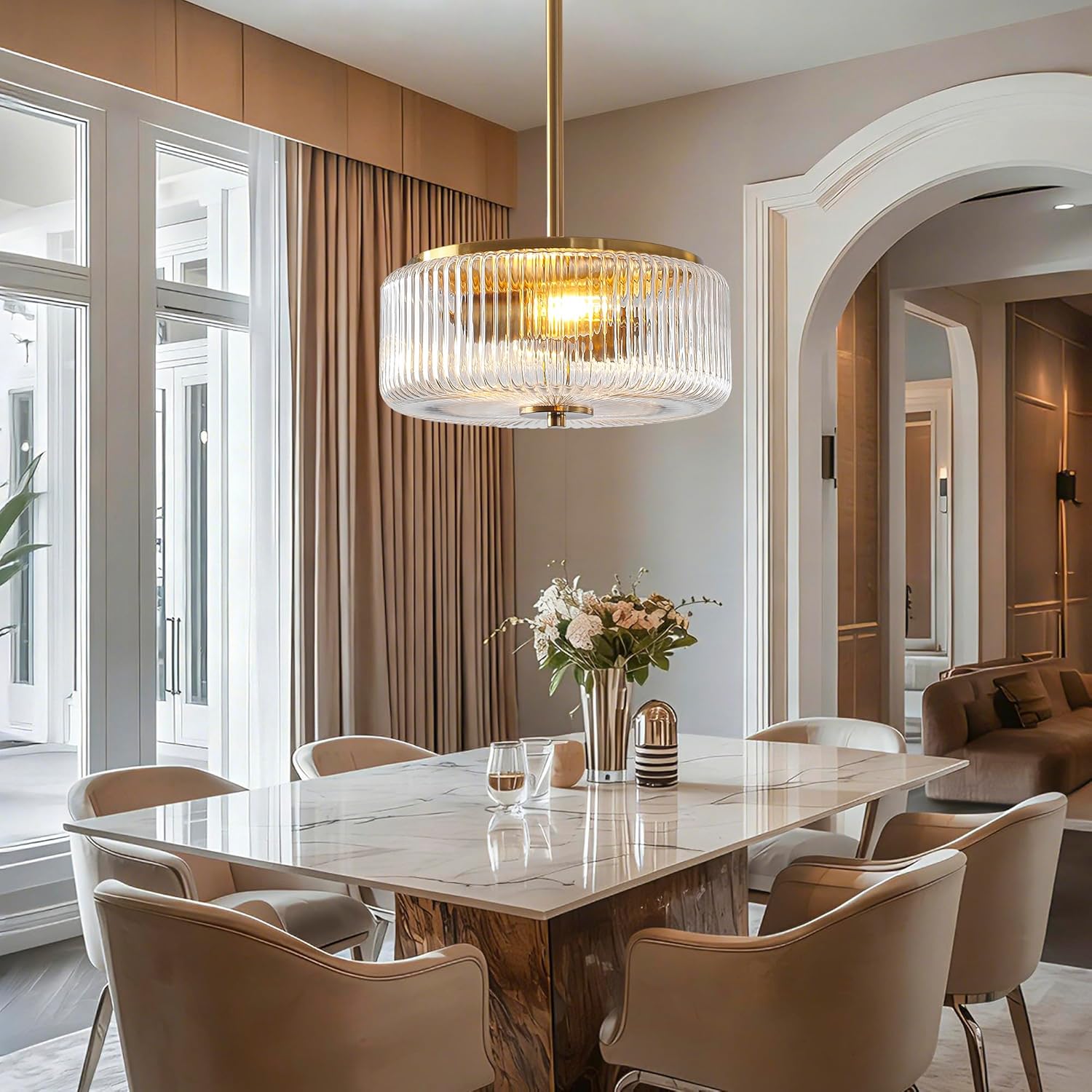 Modern Gold Crystal Pendant Light with Striped Glass Shade – Adjustable Height Ceiling Fixture with E26 Base