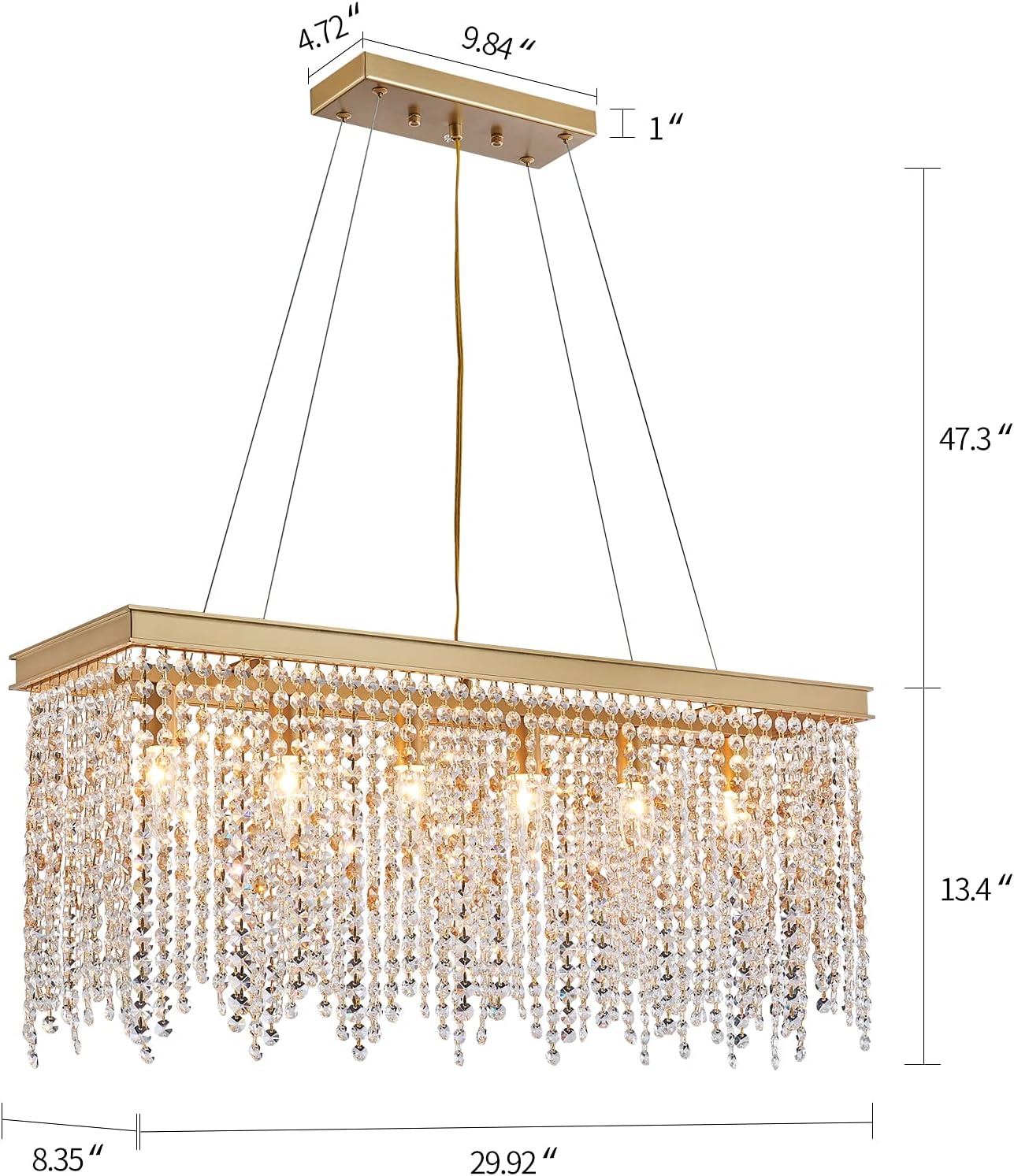 Luxury Gold Rectangular Crystal Chandelier with Waterfall Design