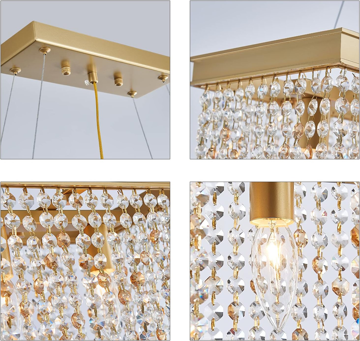 Luxury Gold Rectangular Crystal Chandelier with Waterfall Design