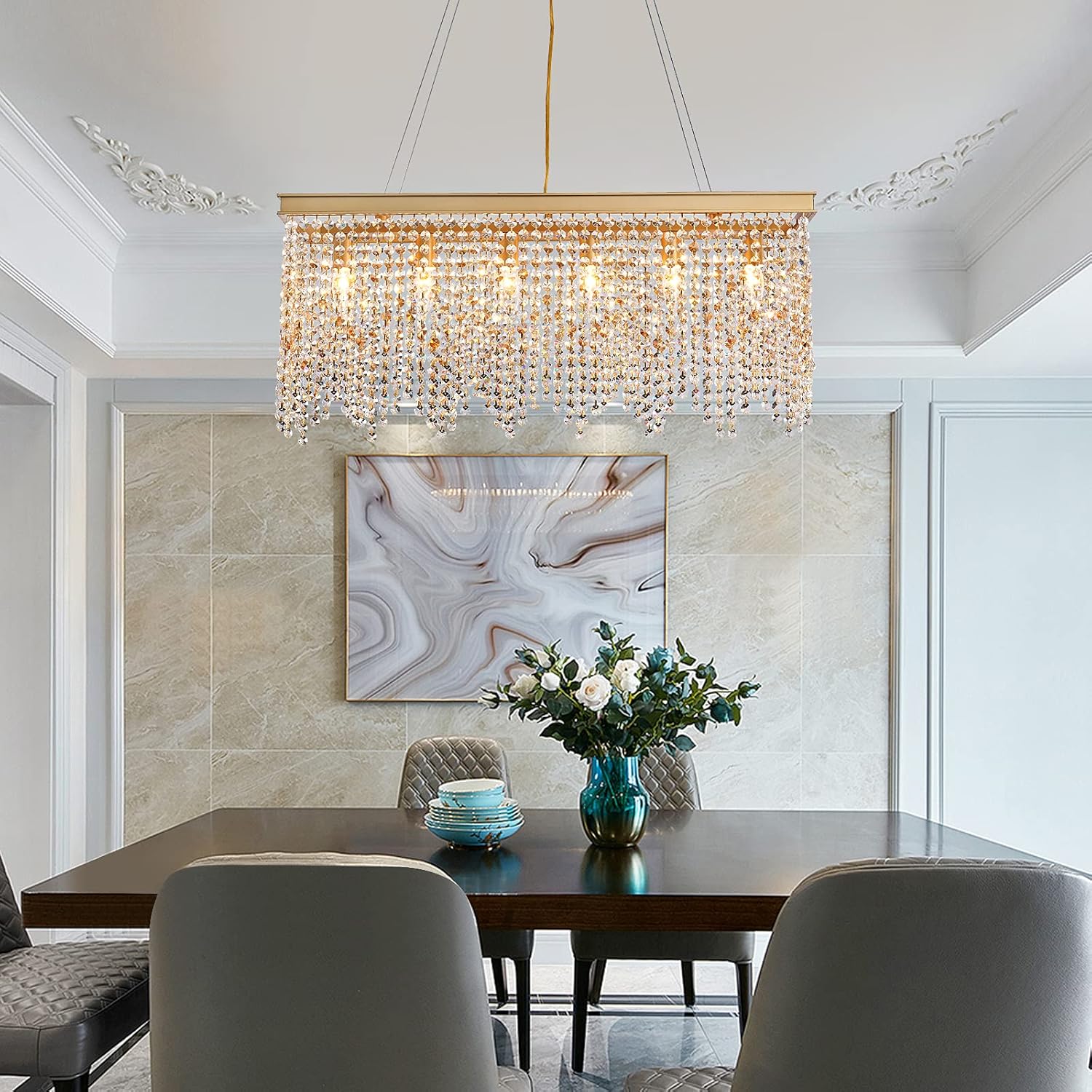 Luxury Gold Rectangular Crystal Chandelier with Waterfall Design