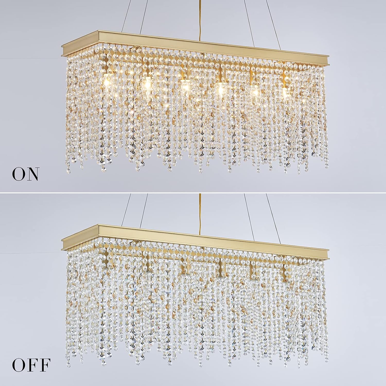 Luxury Gold Rectangular Crystal Chandelier with Waterfall Design