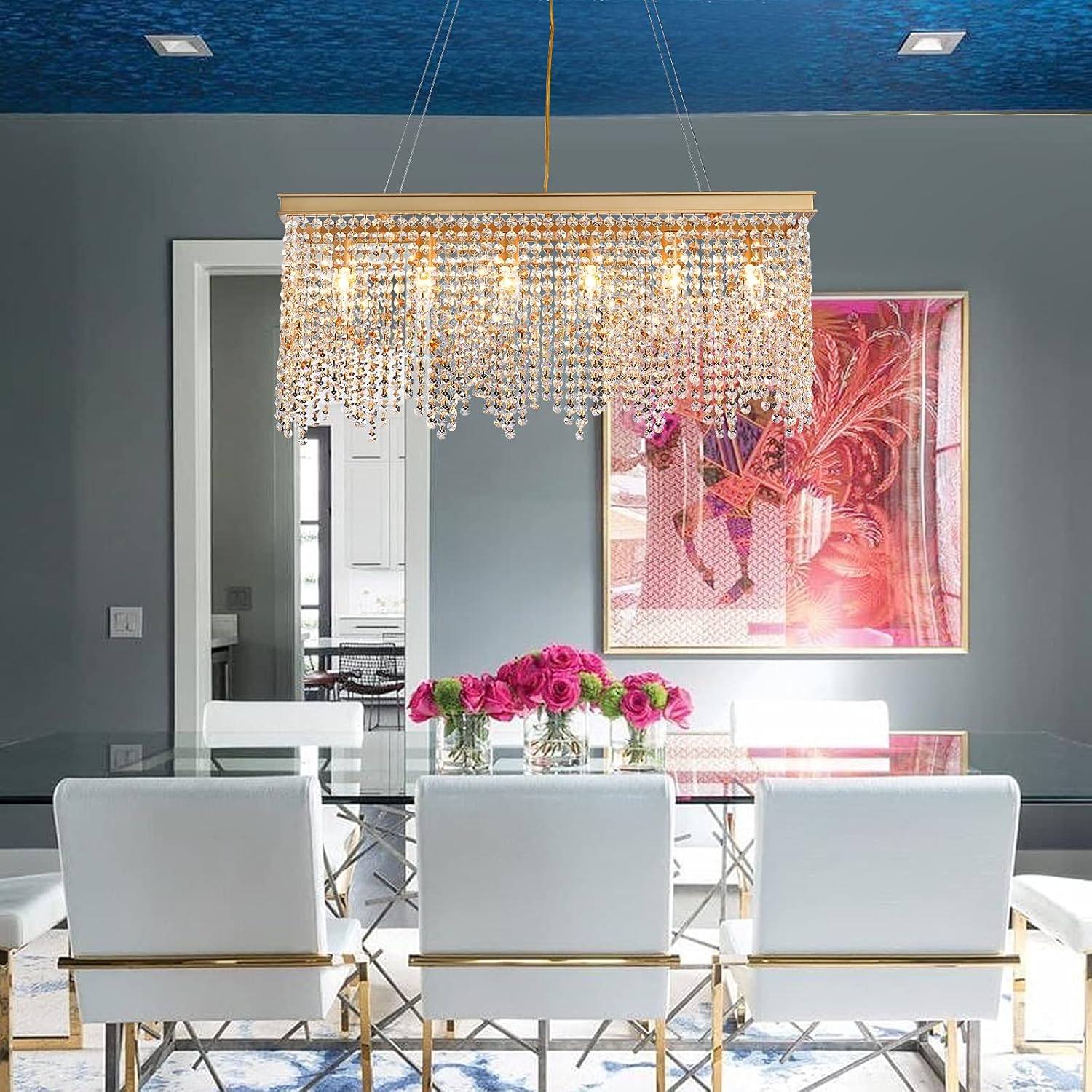 Luxury Gold Rectangular Crystal Chandelier with Waterfall Design