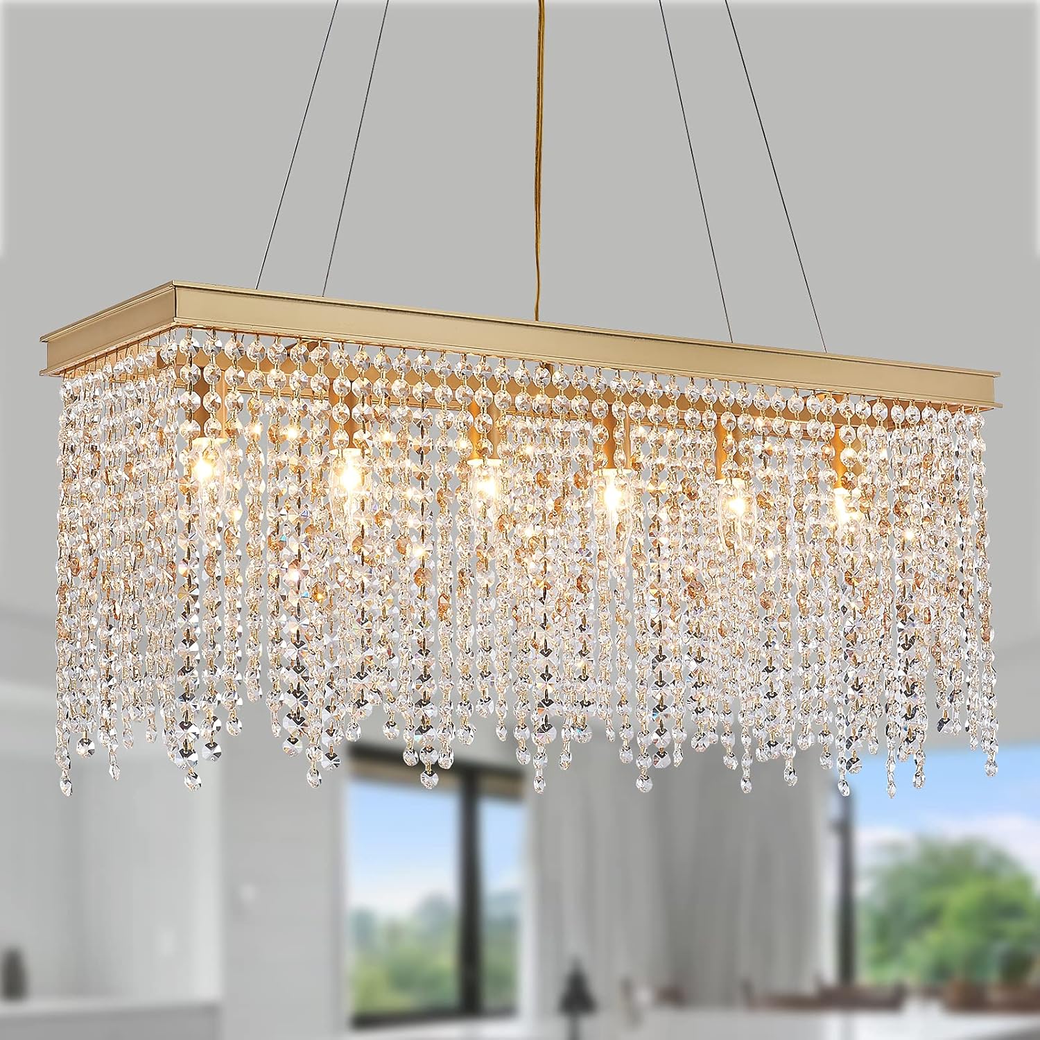 Luxury Gold Rectangular Crystal Chandelier with Waterfall Design
