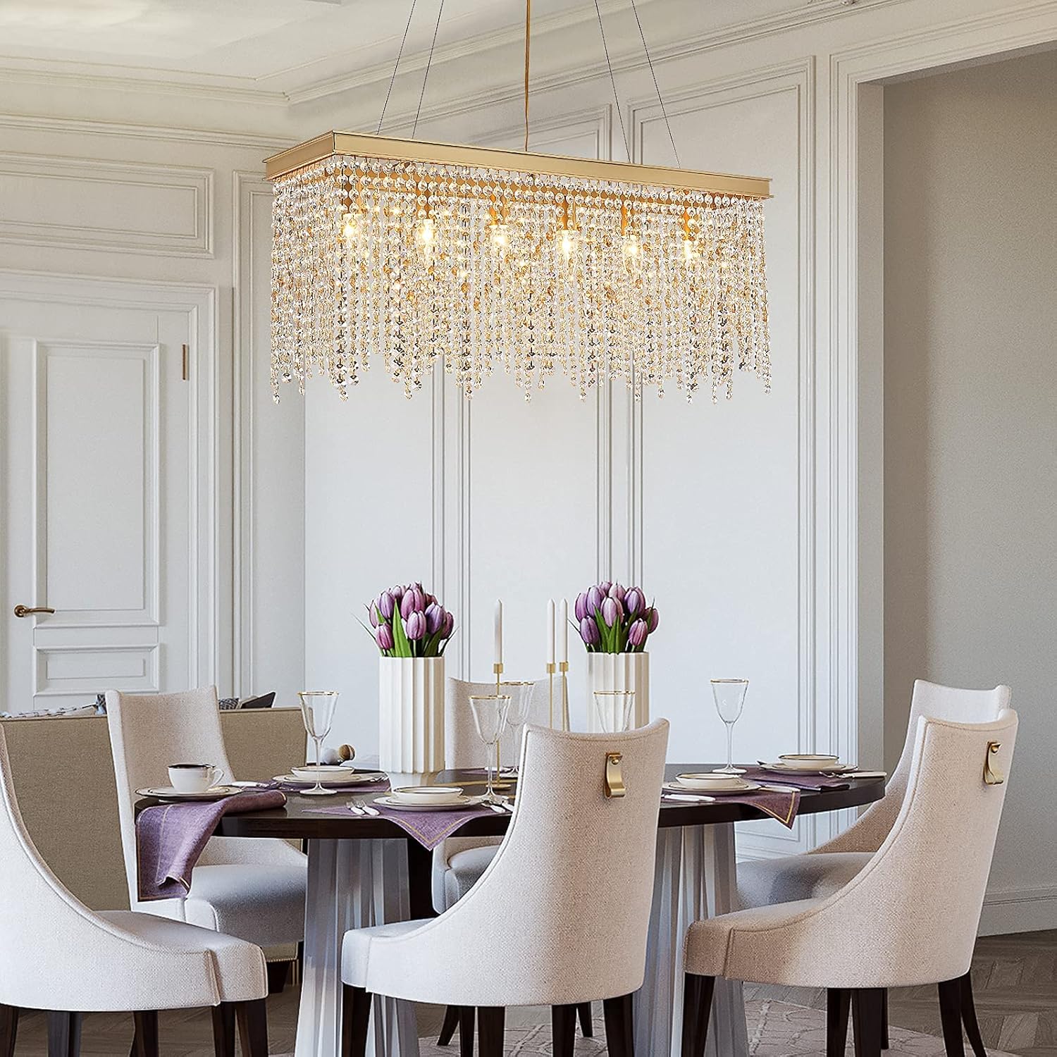 Luxury Gold Rectangular Crystal Chandelier with Waterfall Design