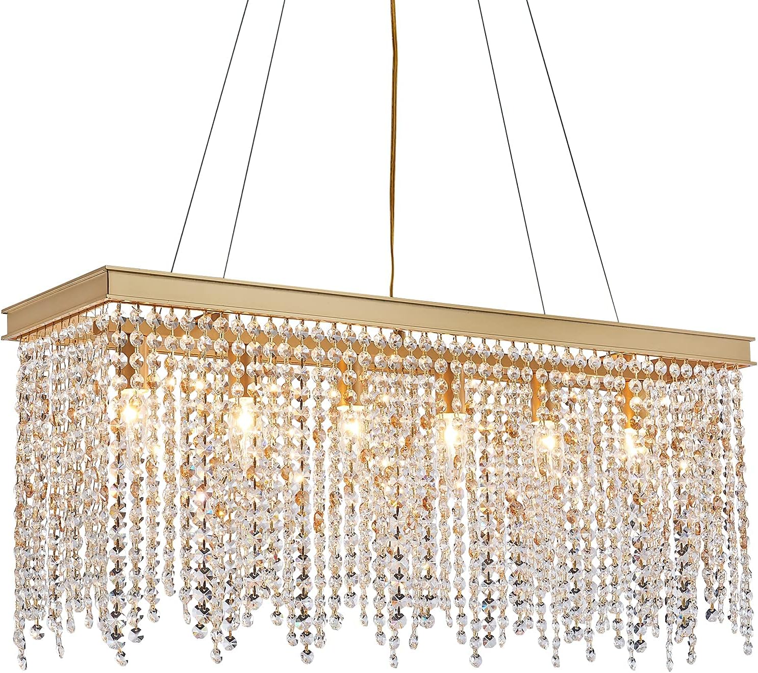 Luxury Gold Rectangular Crystal Chandelier with Waterfall Design