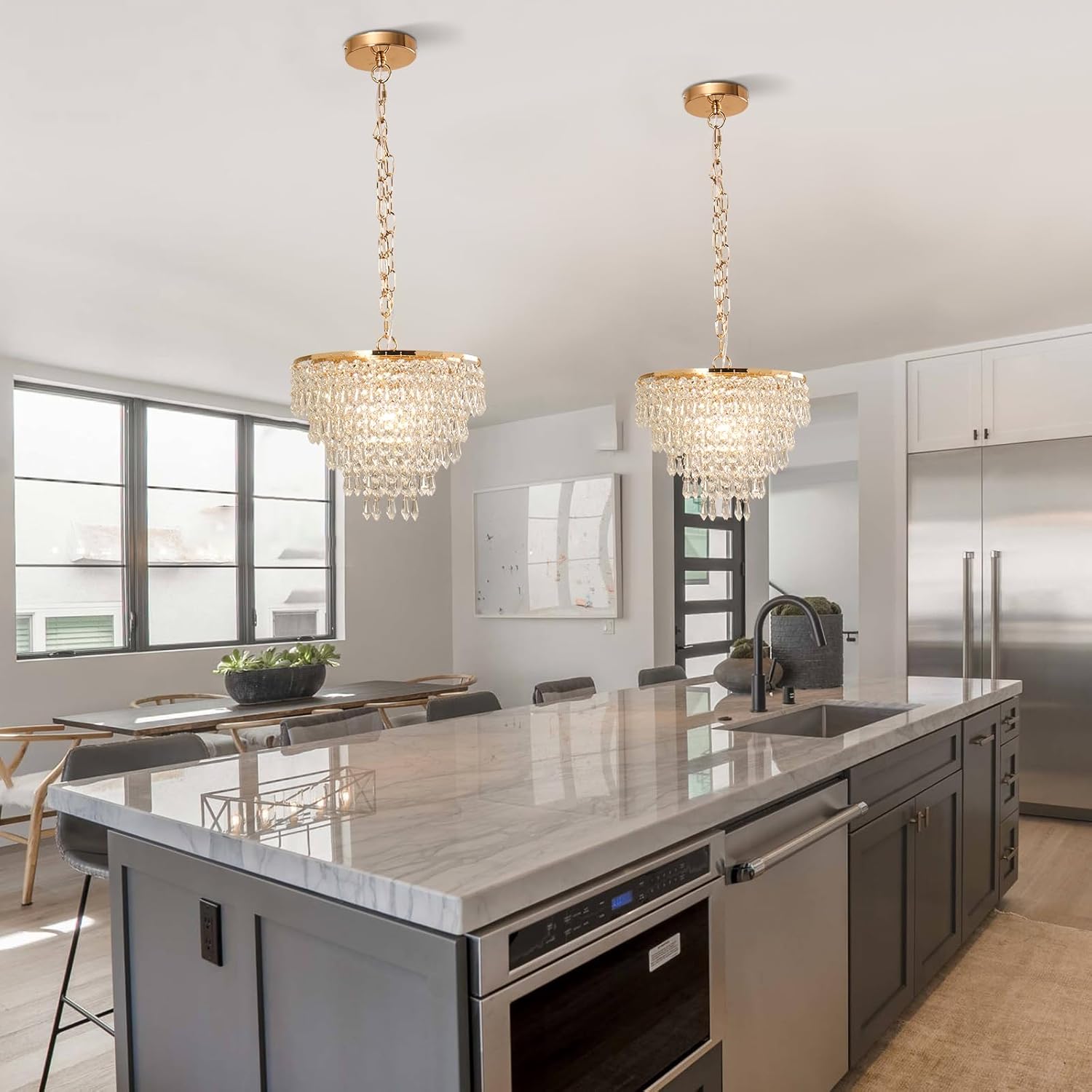 Vintage Gold Crystal Chandelier - Teardrop K9 Pendant Light with Adjustable Chain and E26 Socket