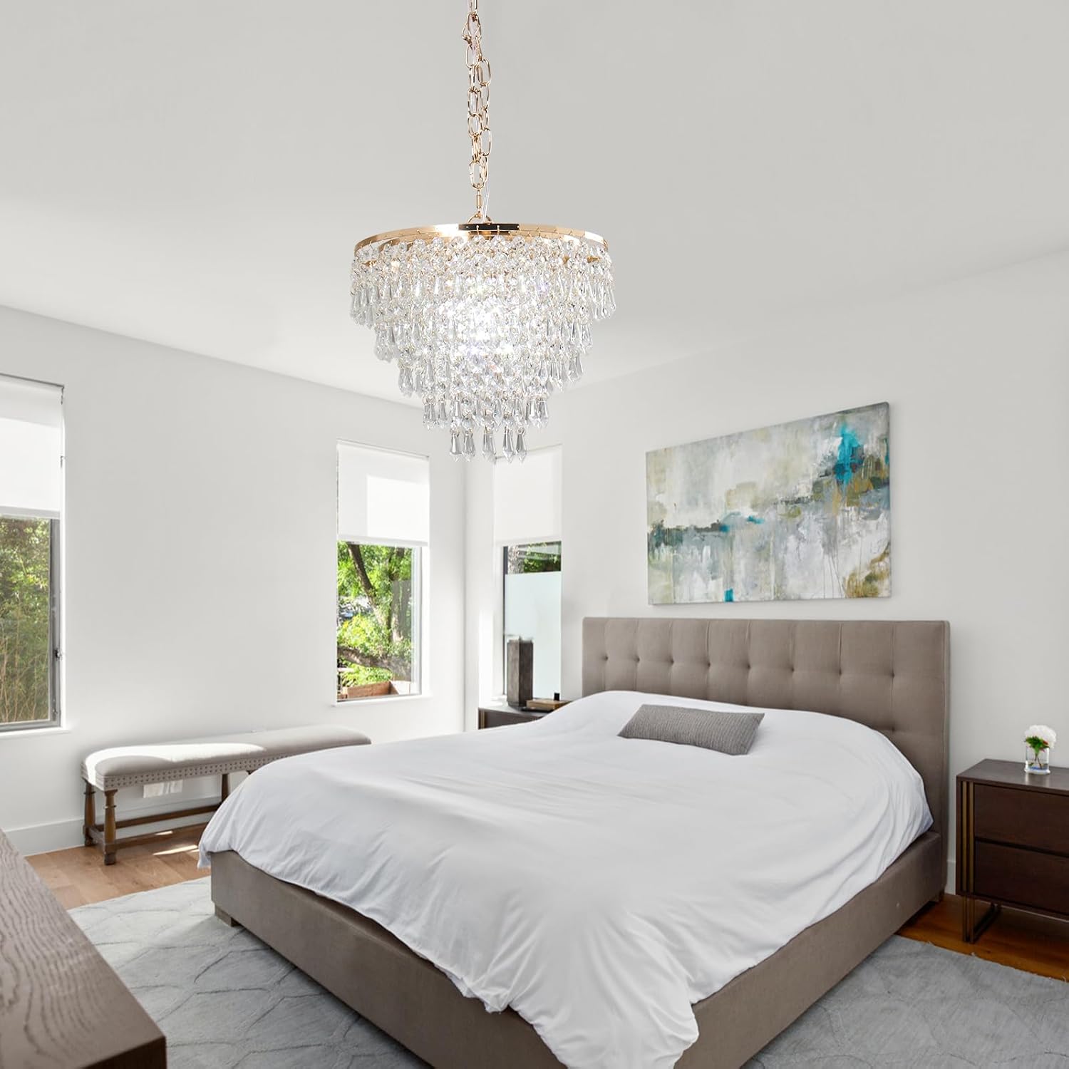 Vintage Gold Crystal Chandelier - Teardrop K9 Pendant Light with Adjustable Chain and E26 Socket