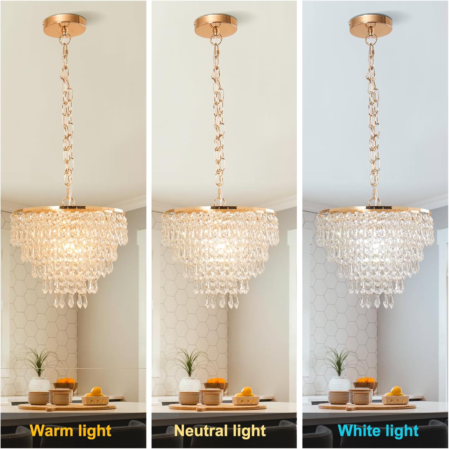 Vintage Gold Crystal Chandelier - Teardrop K9 Pendant Light with Adjustable Chain and E26 Socket