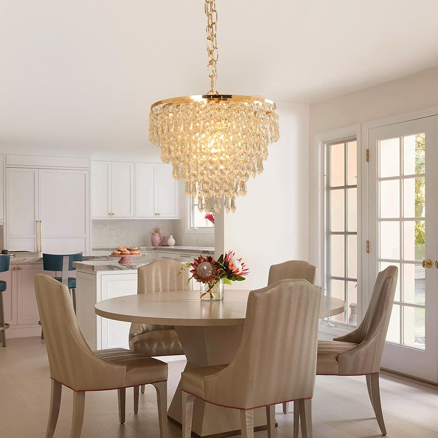 Vintage Gold Crystal Chandelier - Teardrop K9 Pendant Light with Adjustable Chain and E26 Socket