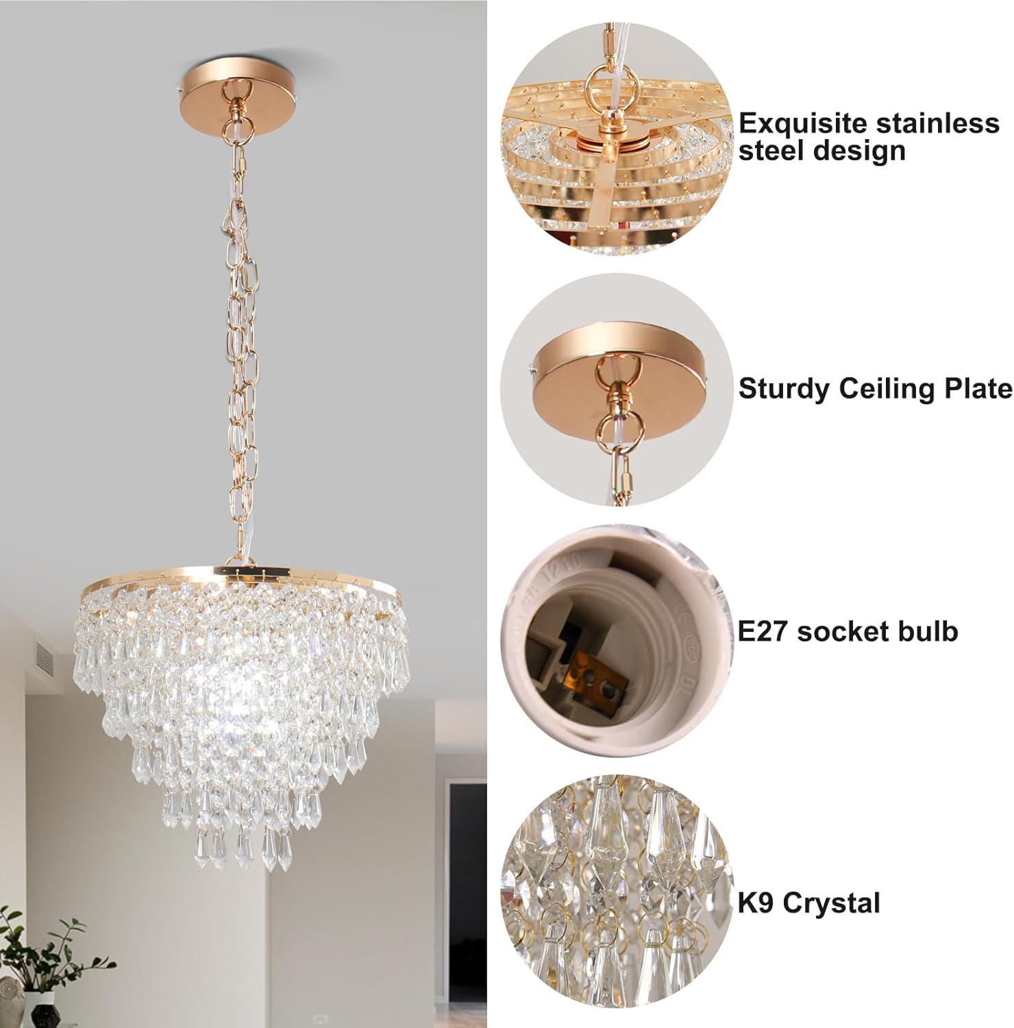 Vintage Gold Crystal Chandelier - Teardrop K9 Pendant Light with Adjustable Chain and E26 Socket