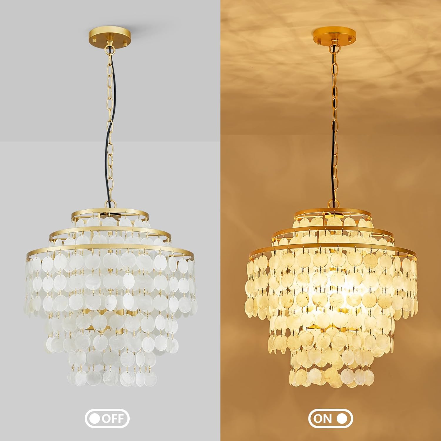 Luxury Gold Capiz Shell Chandelier – Tiered Round Pendant with Adjustable Height