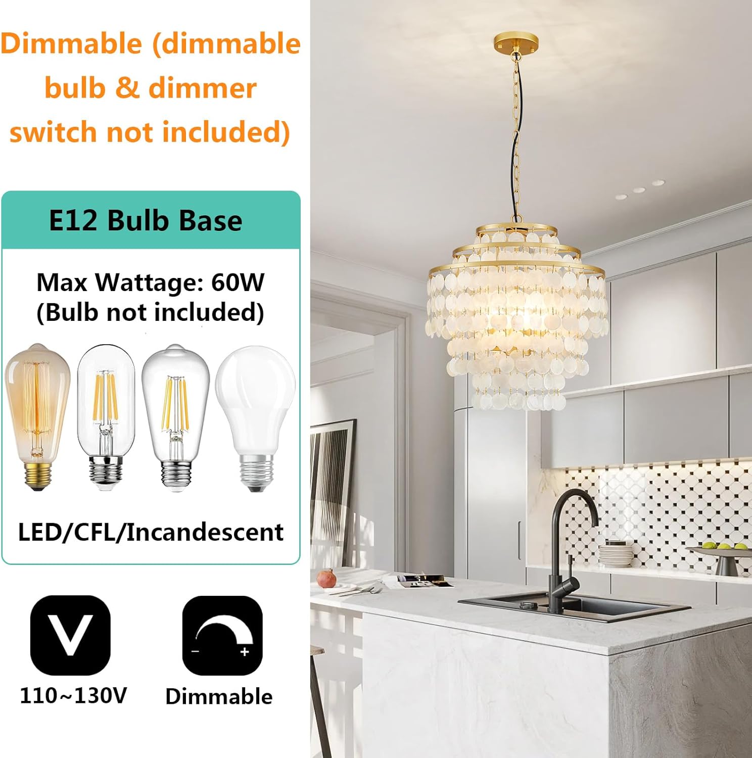 Luxury Gold Capiz Shell Chandelier – Tiered Round Pendant with Adjustable Height