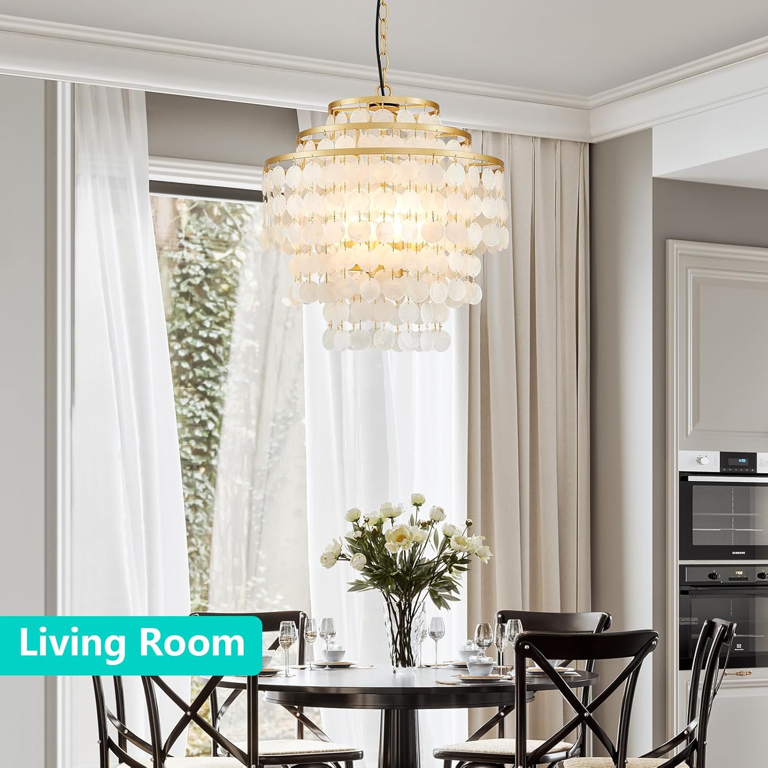 Luxury Gold Capiz Shell Chandelier – Tiered Round Pendant with Adjustable Height