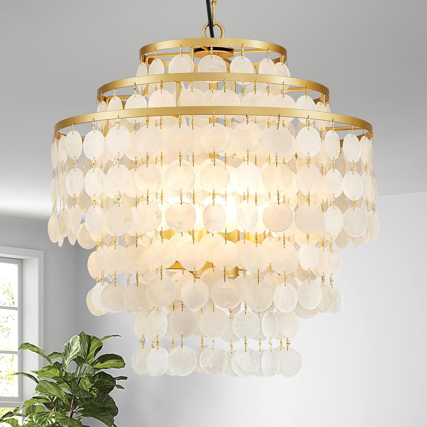 Luxury Gold Capiz Shell Chandelier – Tiered Round Pendant with Adjustable Height