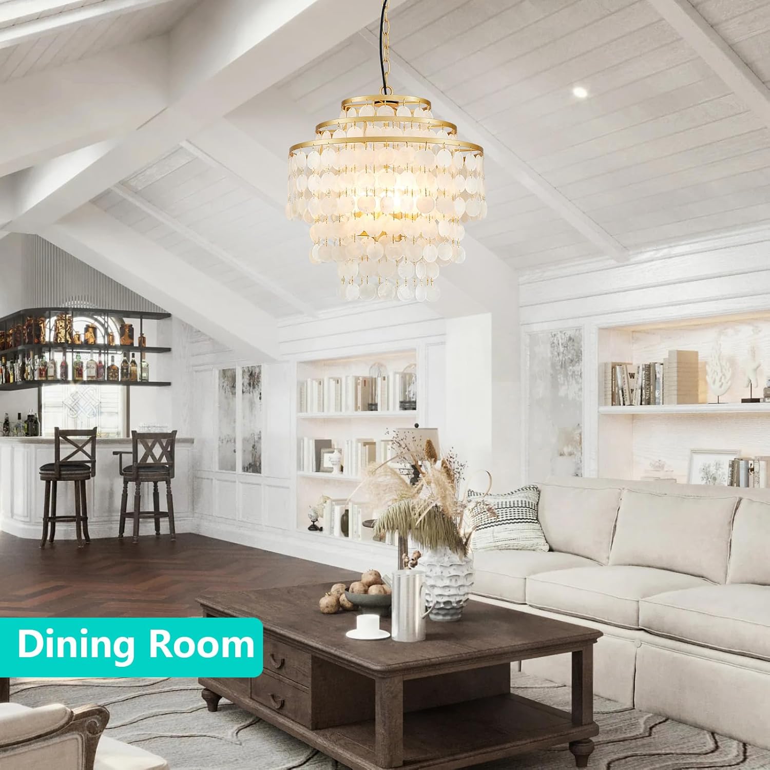 Luxury Gold Capiz Shell Chandelier – Tiered Round Pendant with Adjustable Height